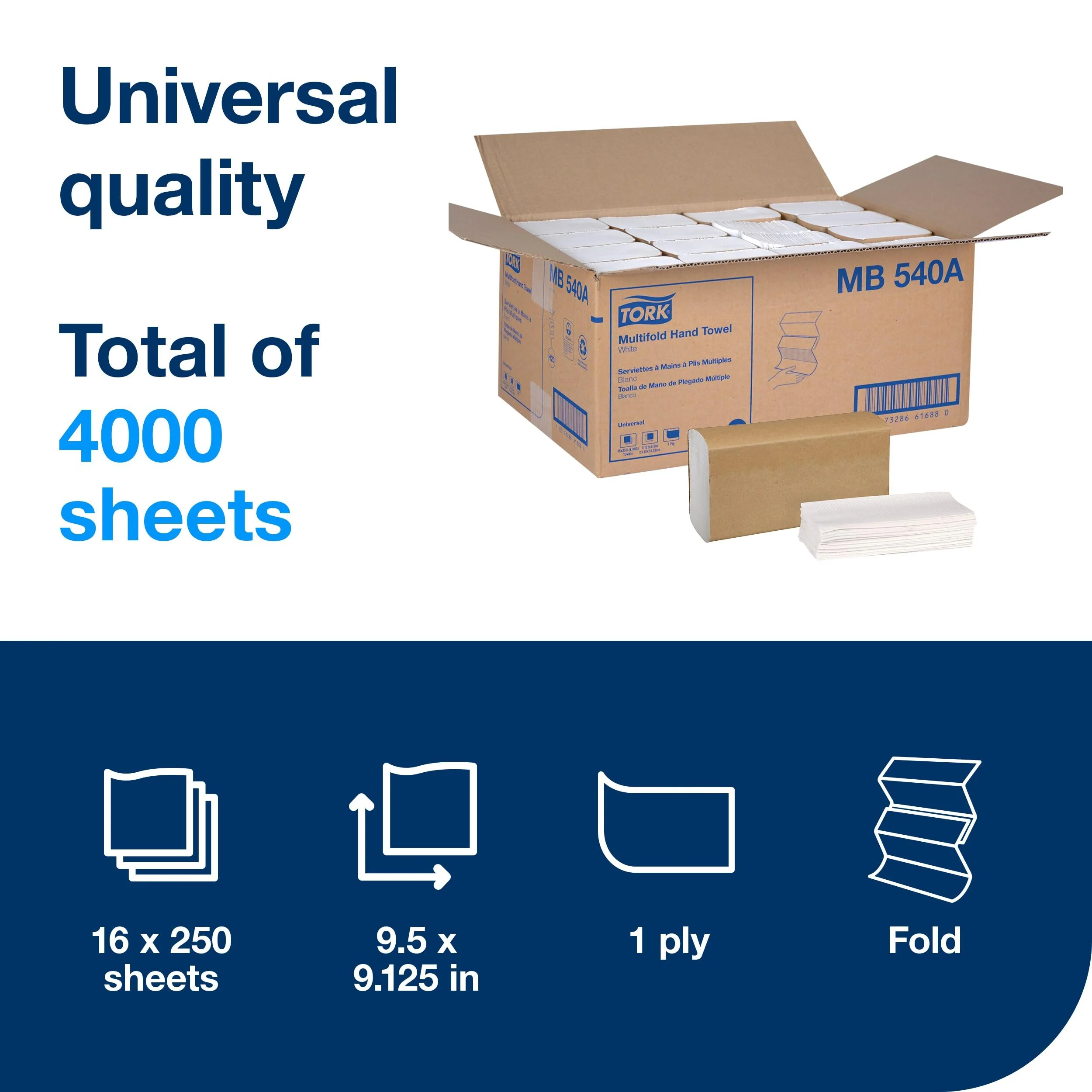 Tork Multifold Hand Towel White H2, Universal, 100% Recycled Fibers, 16 x 250 Towels, MB540A - Image 2
