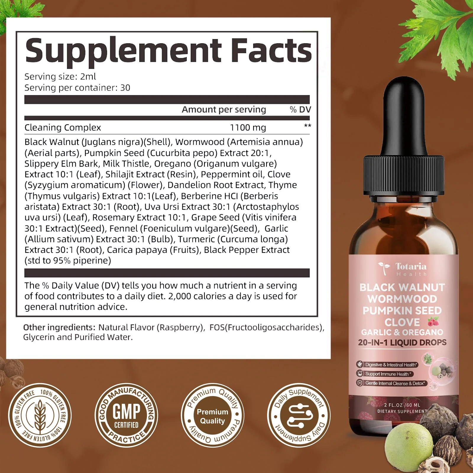 Totaria 20 in 1 Black Walnut Wormwood Tincture - Clove,Pumpkin Seed,Garlic,Oregano,Berberine - Gentle Gut Cleanse & Digestive Health - Alcohol-Free,Gut-Friendly -Raspberry Flavor - 2FL - Image 2