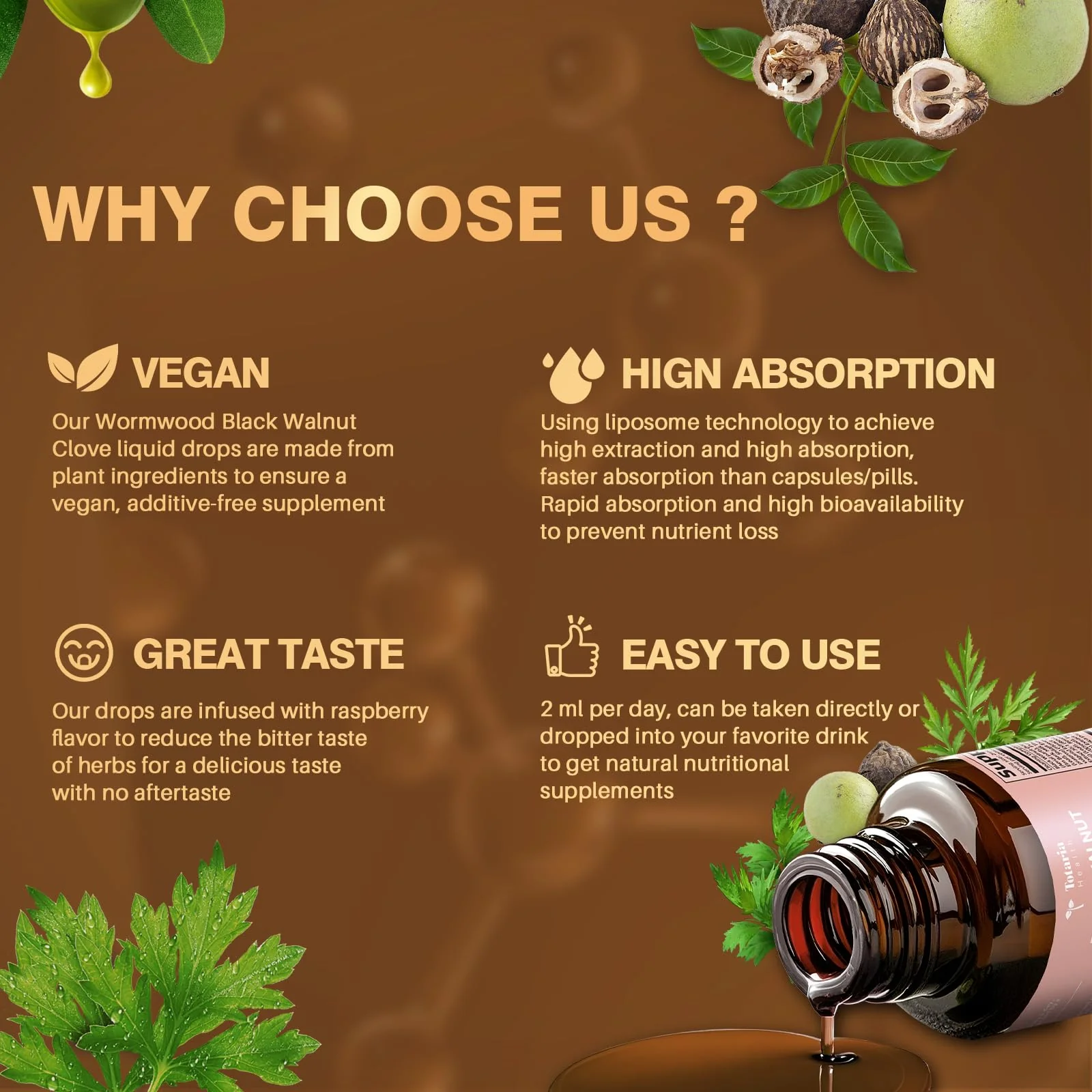 Totaria 20 in 1 Black Walnut Wormwood Tincture - Clove,Pumpkin Seed,Garlic,Oregano,Berberine - Gentle Gut Cleanse & Digestive Health - Alcohol-Free,Gut-Friendly -Raspberry Flavor - 2FL - Image 4