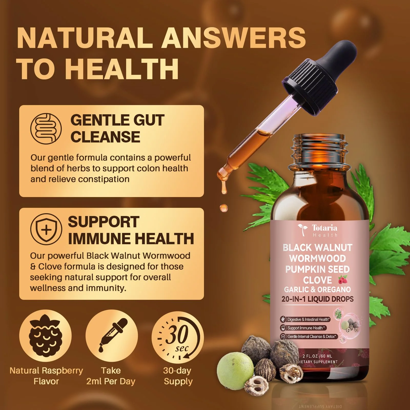 Totaria 20 in 1 Black Walnut Wormwood Tincture - Clove,Pumpkin Seed,Garlic,Oregano,Berberine - Gentle Gut Cleanse & Digestive Health - Alcohol-Free,Gut-Friendly -Raspberry Flavor - 2FL - Image 6