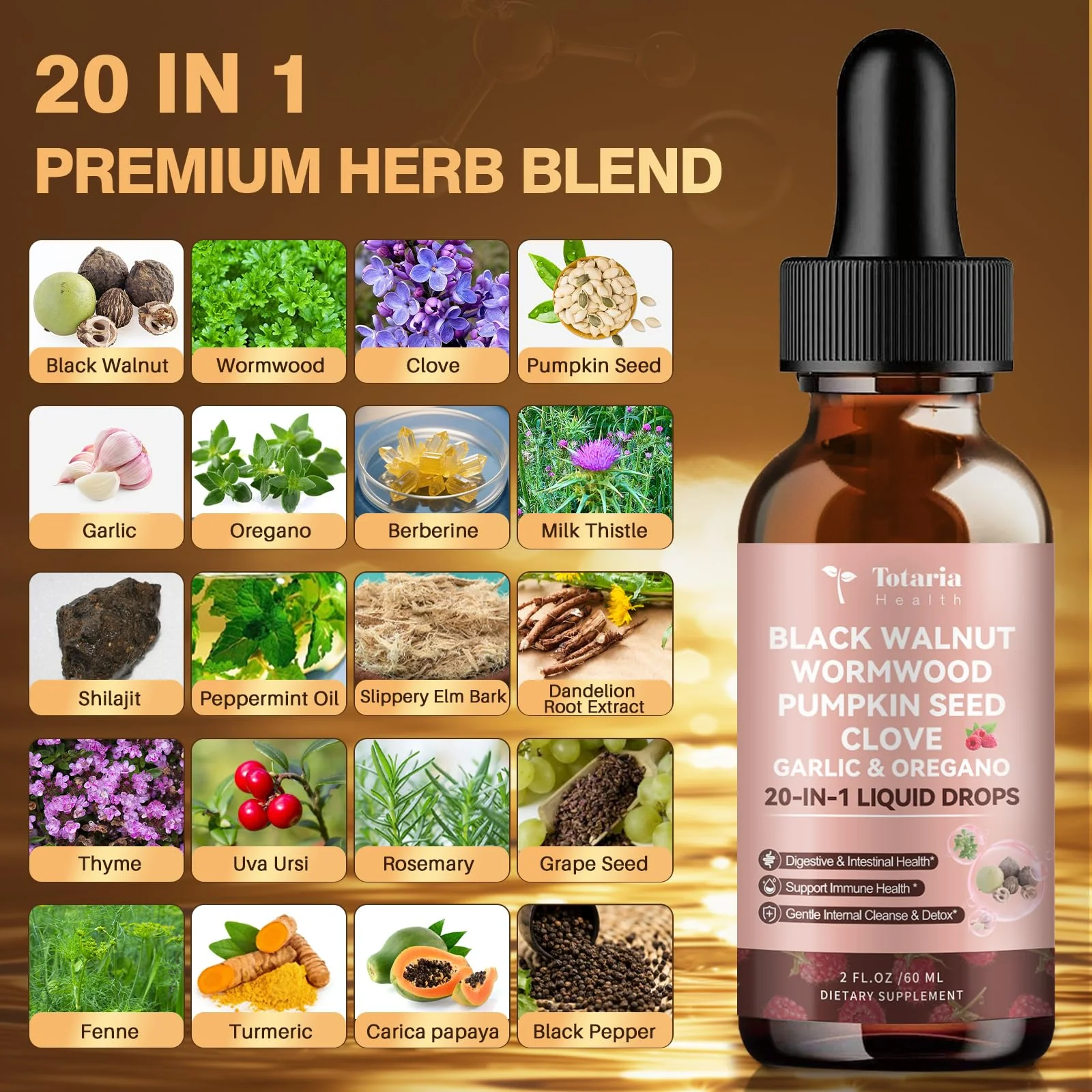 Totaria 20 in 1 Black Walnut Wormwood Tincture - Clove,Pumpkin Seed,Garlic,Oregano,Berberine - Gentle Gut Cleanse & Digestive Health - Alcohol-Free,Gut-Friendly -Raspberry Flavor - 2FL - Image 7