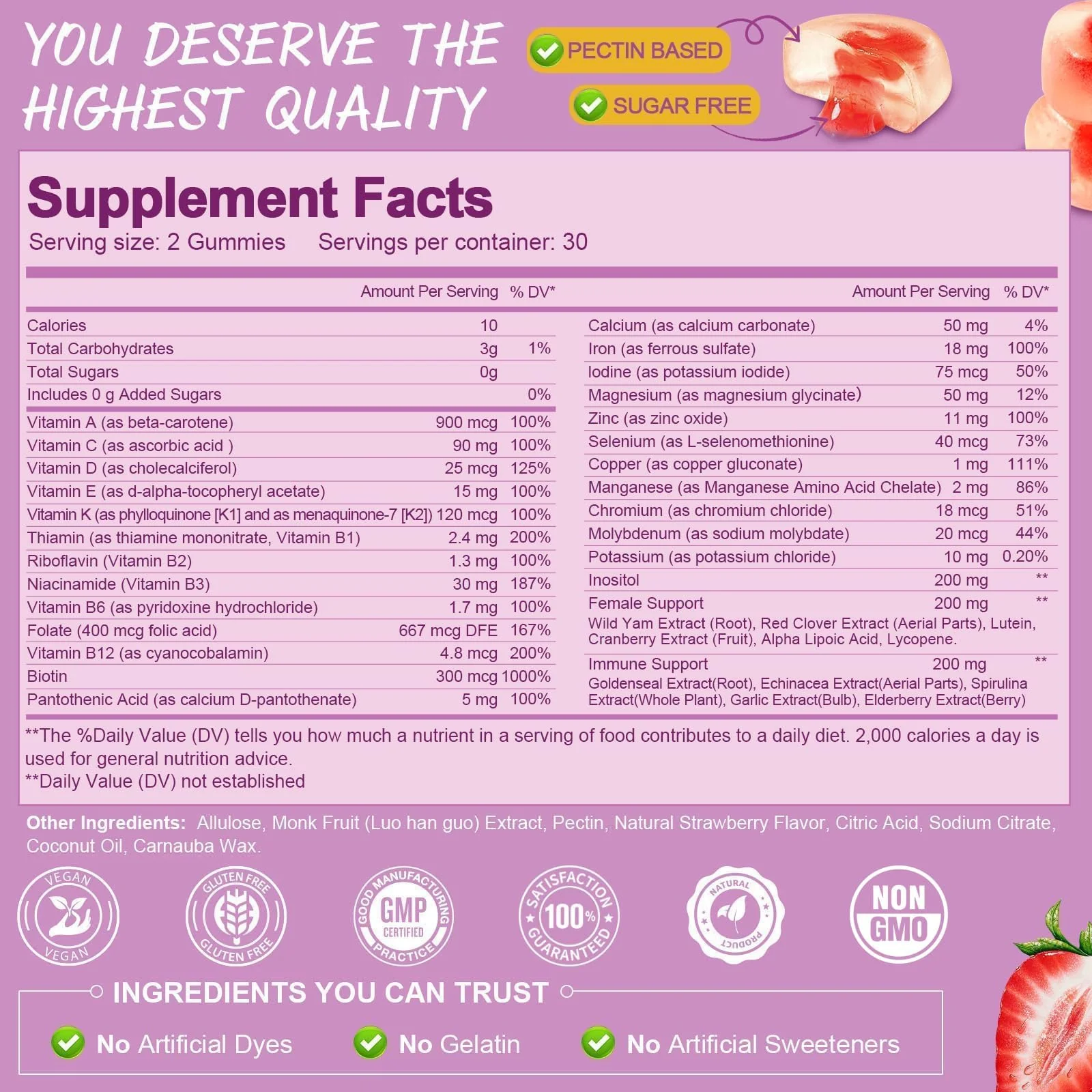 Totaria Sugar Free Multivitamin Gummies for Women 14+ w/Inositol, Iron, Folate, Biotin, Womens Daily Multivitamin Gummy w/Vitamin A, D, C, B, Support Hair, Skin, Energy, Immune, Strawberry Flavor - Image 2