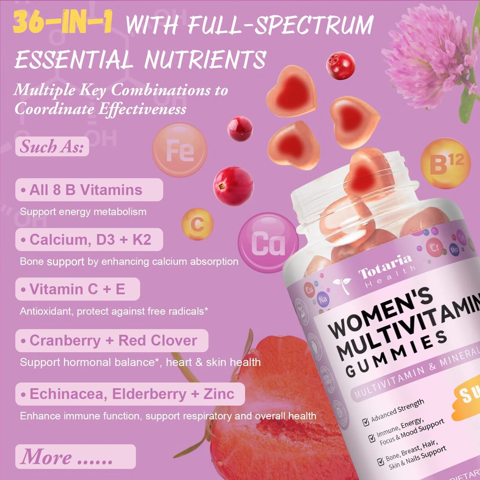 Totaria Sugar Free Multivitamin Gummies for Women 14+ w/Inositol, Iron, Folate, Biotin, Womens Daily Multivitamin Gummy w/Vitamin A, D, C, B, Support Hair, Skin, Energy, Immune, Strawberry Flavor - Image 5
