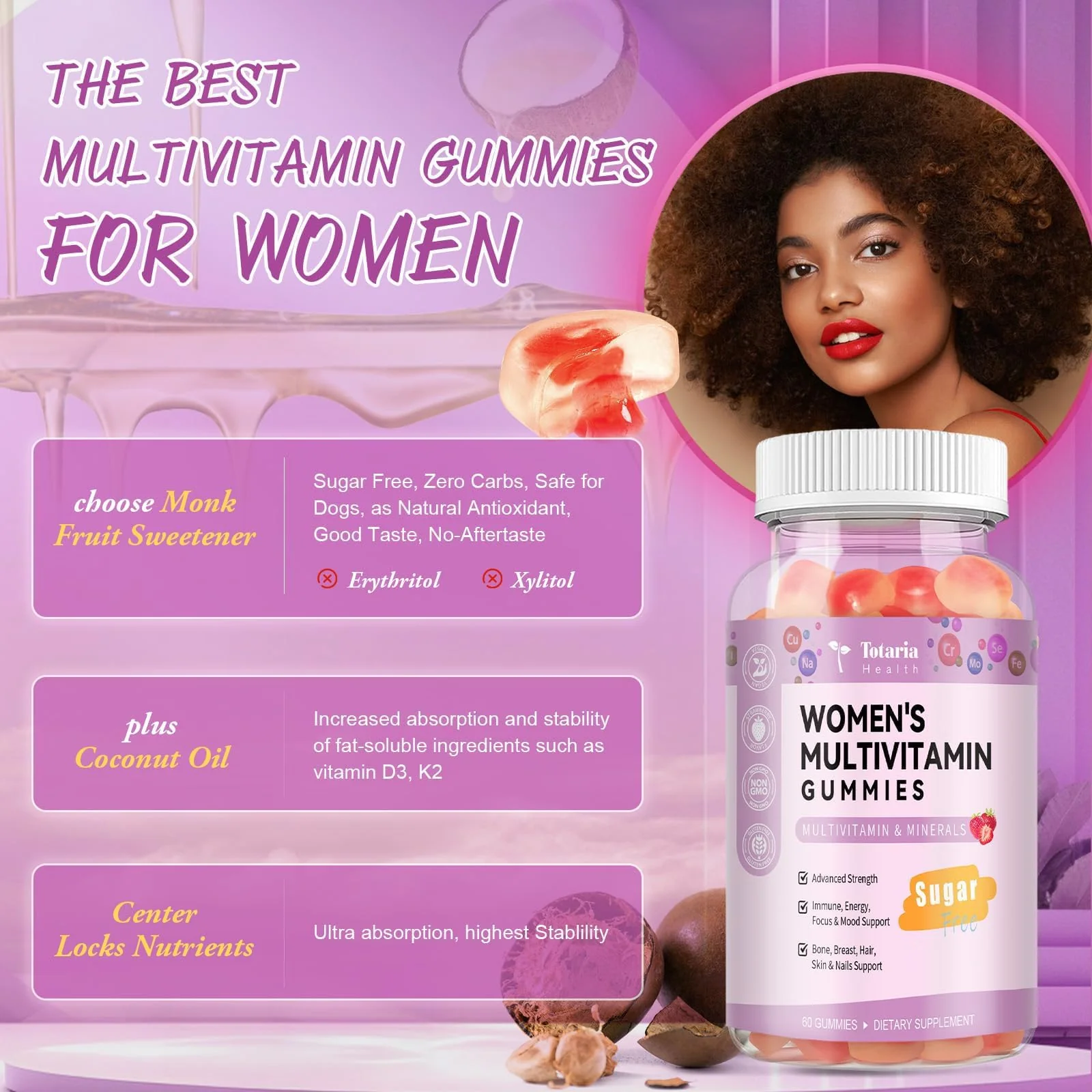 Totaria Sugar Free Multivitamin Gummies for Women 14+ w/Inositol, Iron, Folate, Biotin, Womens Daily Multivitamin Gummy w/Vitamin A, D, C, B, Support Hair, Skin, Energy, Immune, Strawberry Flavor - Image 7