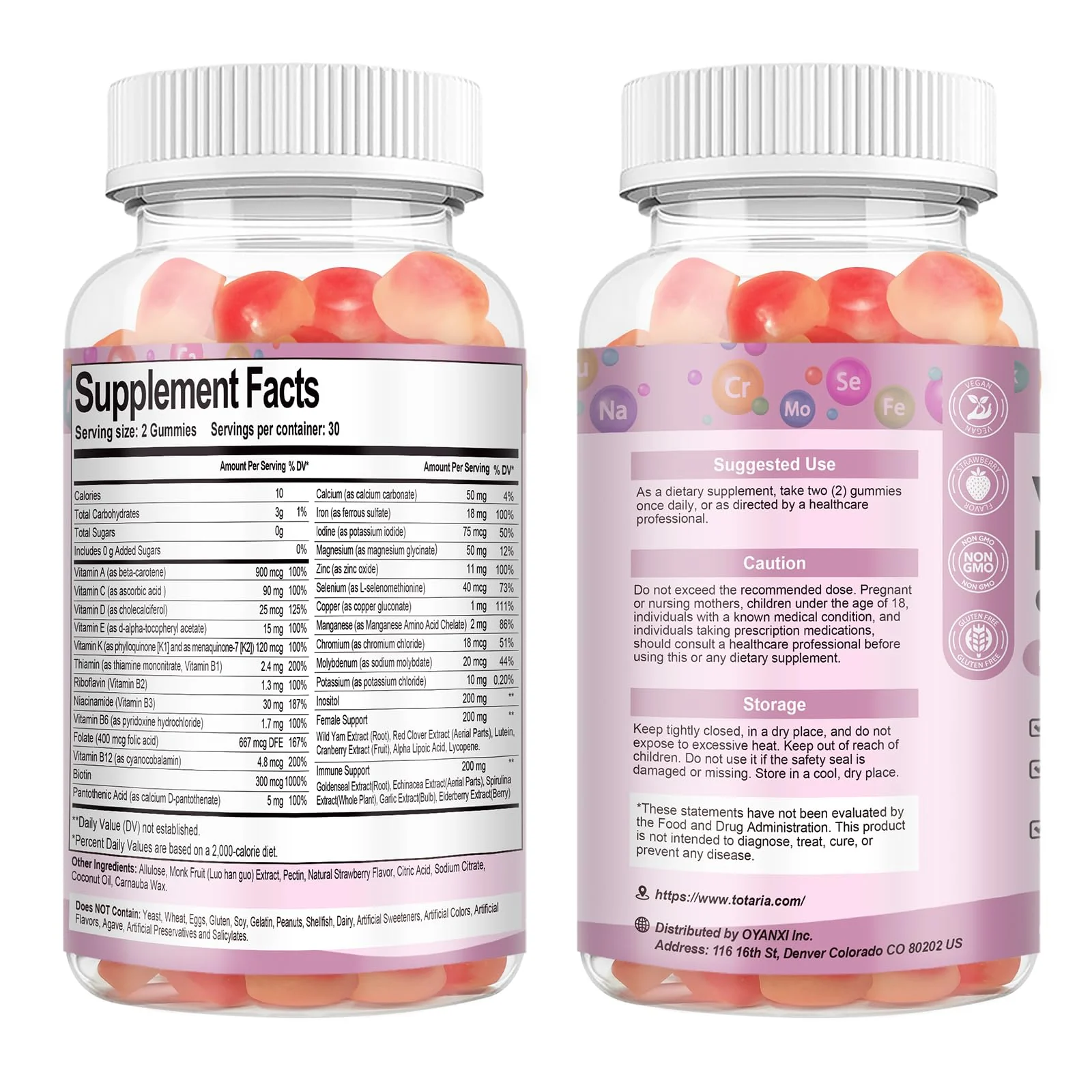 Totaria Sugar Free Multivitamin Gummies for Women 14+ w/Inositol, Iron, Folate, Biotin, Womens Daily Multivitamin Gummy w/Vitamin A, D, C, B, Support Hair, Skin, Energy, Immune, Strawberry Flavor - Image 9