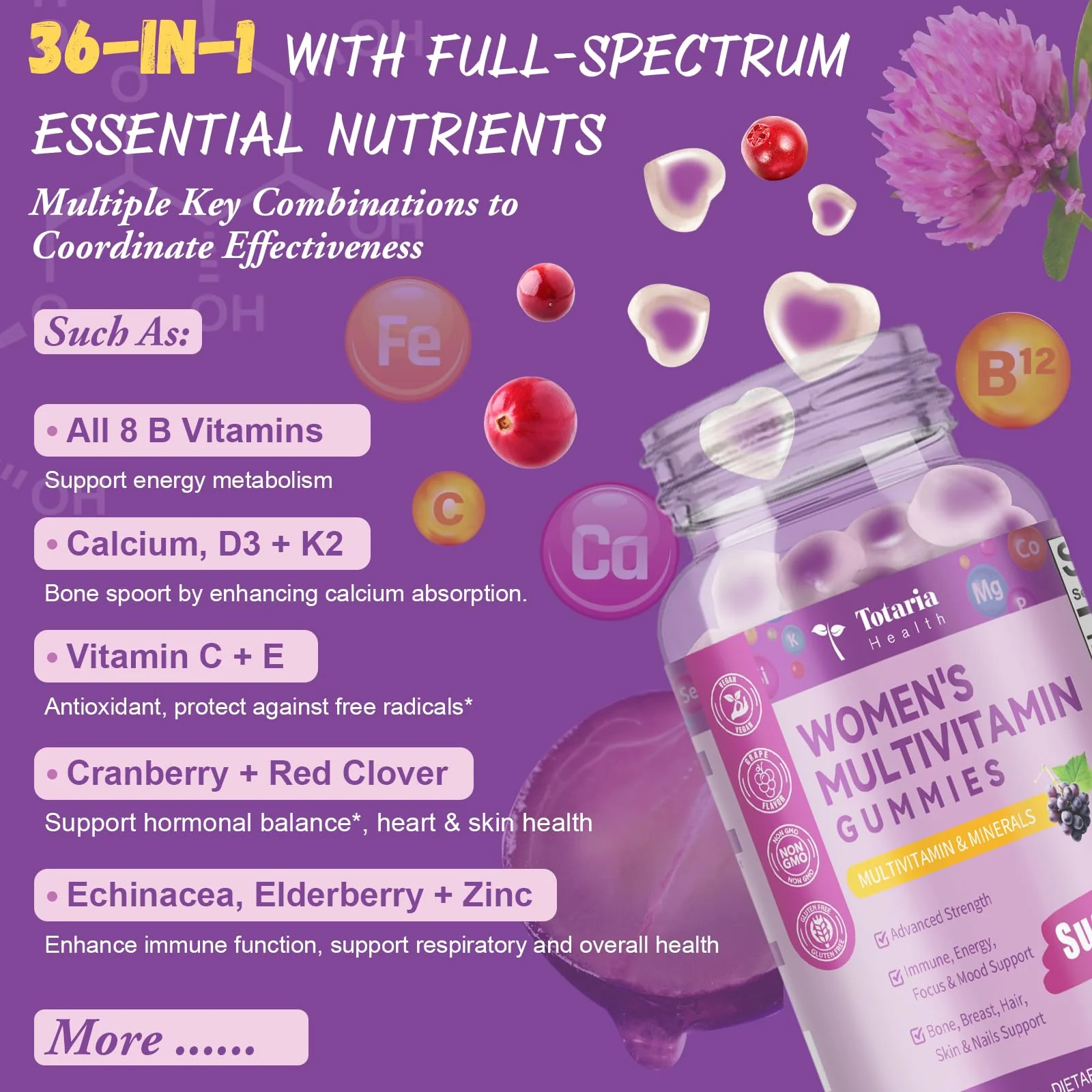 Totaria Sugar Free Multivitamin Gummies for Women 14+ w/Iron, Inositol, Folate, Biotin, Womens Daily Multivitamin Gummy w/Vitamin A, C, B, D3, K2, for Hair, Skin, Energy, Immune, Grape Flavor - Image 2