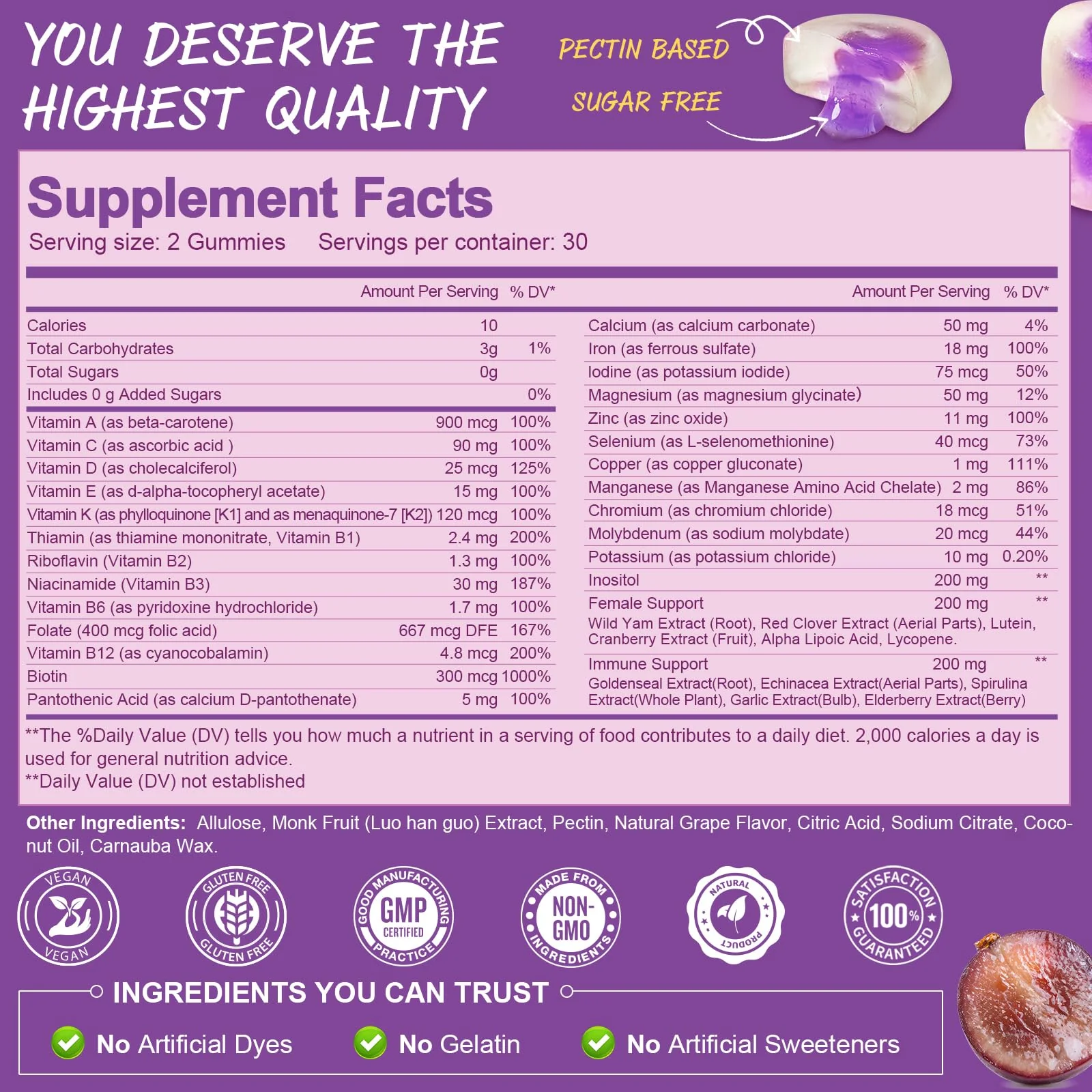 Totaria Sugar Free Multivitamin Gummies for Women 14+ w/Iron, Inositol, Folate, Biotin, Womens Daily Multivitamin Gummy w/Vitamin A, C, B, D3, K2, for Hair, Skin, Energy, Immune, Grape Flavor - Image 3