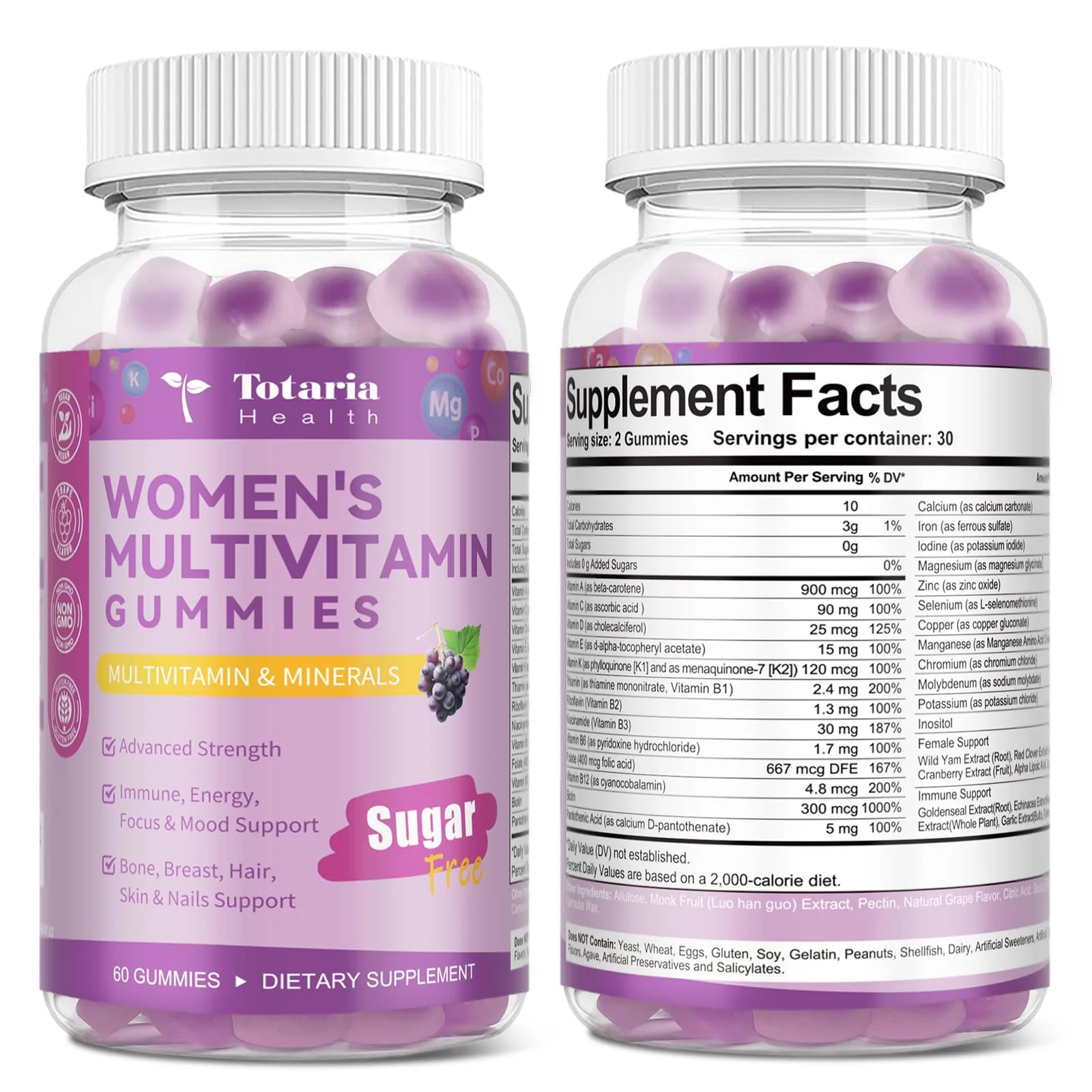 Totaria Sugar Free Multivitamin Gummies for Women 14+ w/Iron, Inositol, Folate, Biotin, Womens Daily Multivitamin Gummy w/Vitamin A, C, B, D3, K2, for Hair, Skin, Energy, Immune, Grape Flavor - Image 9