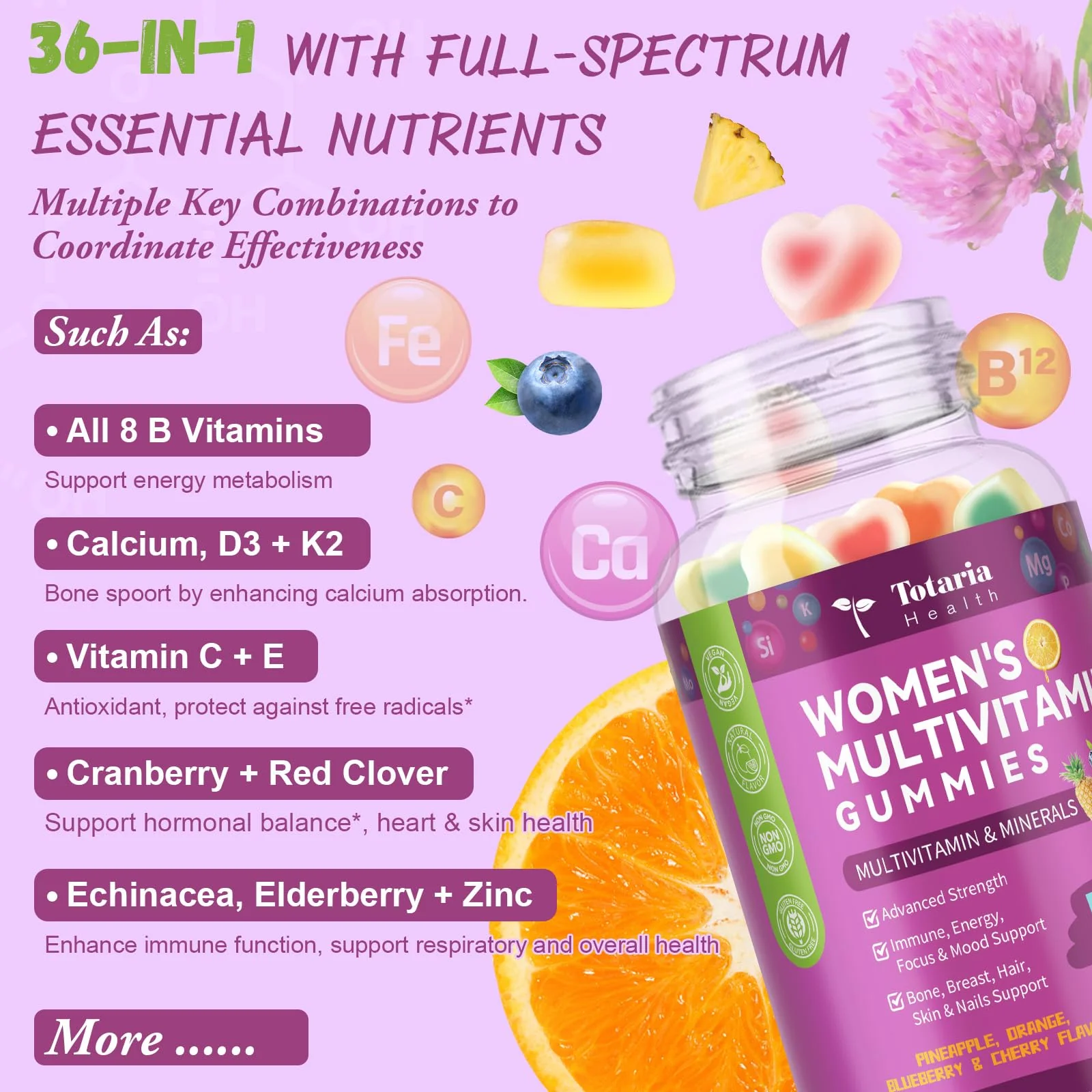Totaria Sugar Free Multivitamin Gummies for Women 14+ w/Iron, Inositol, Folate, Biotin, Womens Daily Multivitamin Gummy w/Vitamin A, C, B, D3, K2, for Hair, Skin, Energy, Immune, Mixed Flavors - Image 4