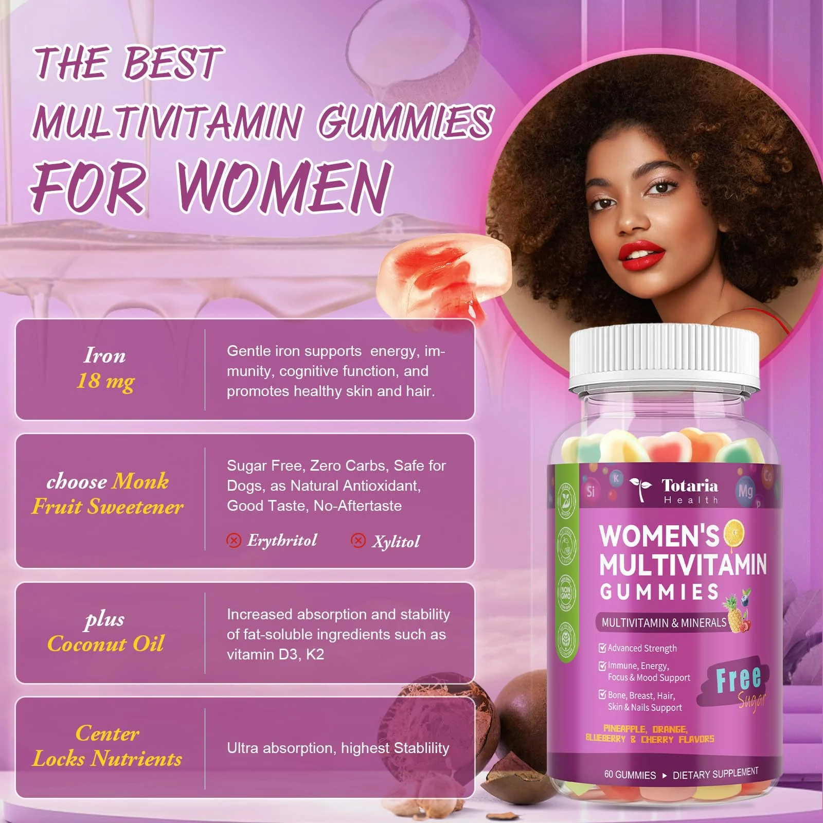 Totaria Sugar Free Multivitamin Gummies for Women 14+ w/Iron, Inositol, Folate, Biotin, Womens Daily Multivitamin Gummy w/Vitamin A, C, B, D3, K2, for Hair, Skin, Energy, Immune, Mixed Flavors - Image 6