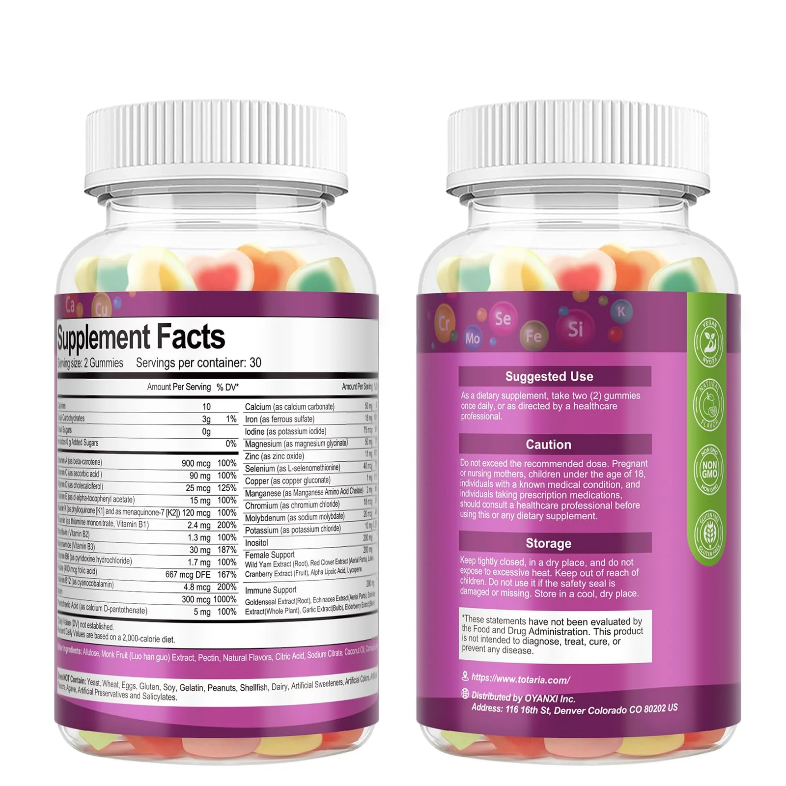 Totaria Sugar Free Multivitamin Gummies for Women 14+ w/Iron, Inositol, Folate, Biotin, Womens Daily Multivitamin Gummy w/Vitamin A, C, B, D3, K2, for Hair, Skin, Energy, Immune, Mixed Flavors - Image 9