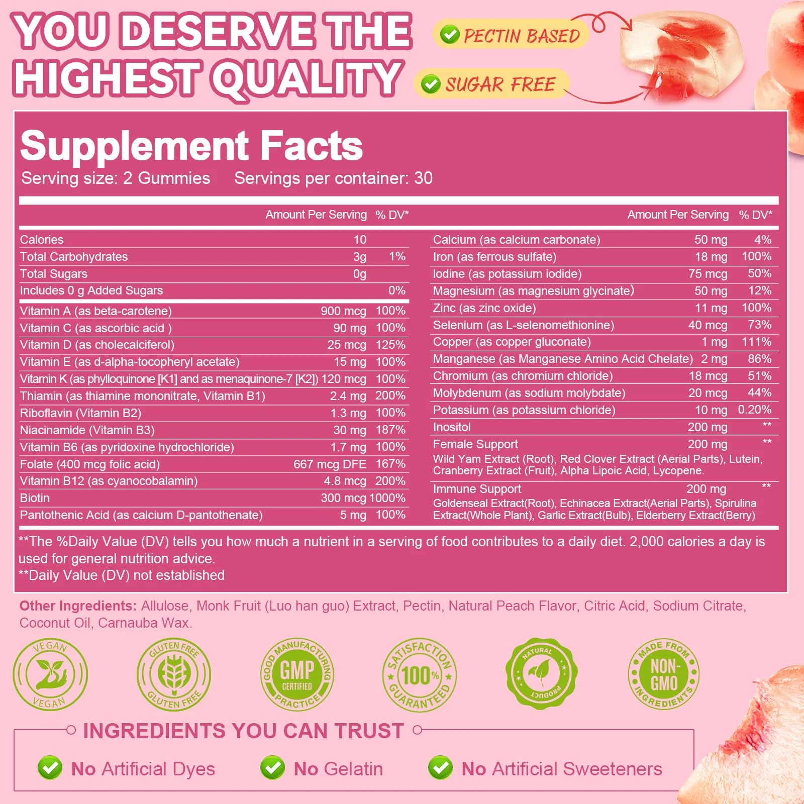 Totaria Sugar Free Multivitamin Gummies for Women 14+ w/Iron, Inositol, Folate, Biotin, Womens Daily Multivitamin Gummy w/Vitamin A, C, B, D3, K2, for Hair, Skin, Energy, Immune, Peach Flavor - Image 4