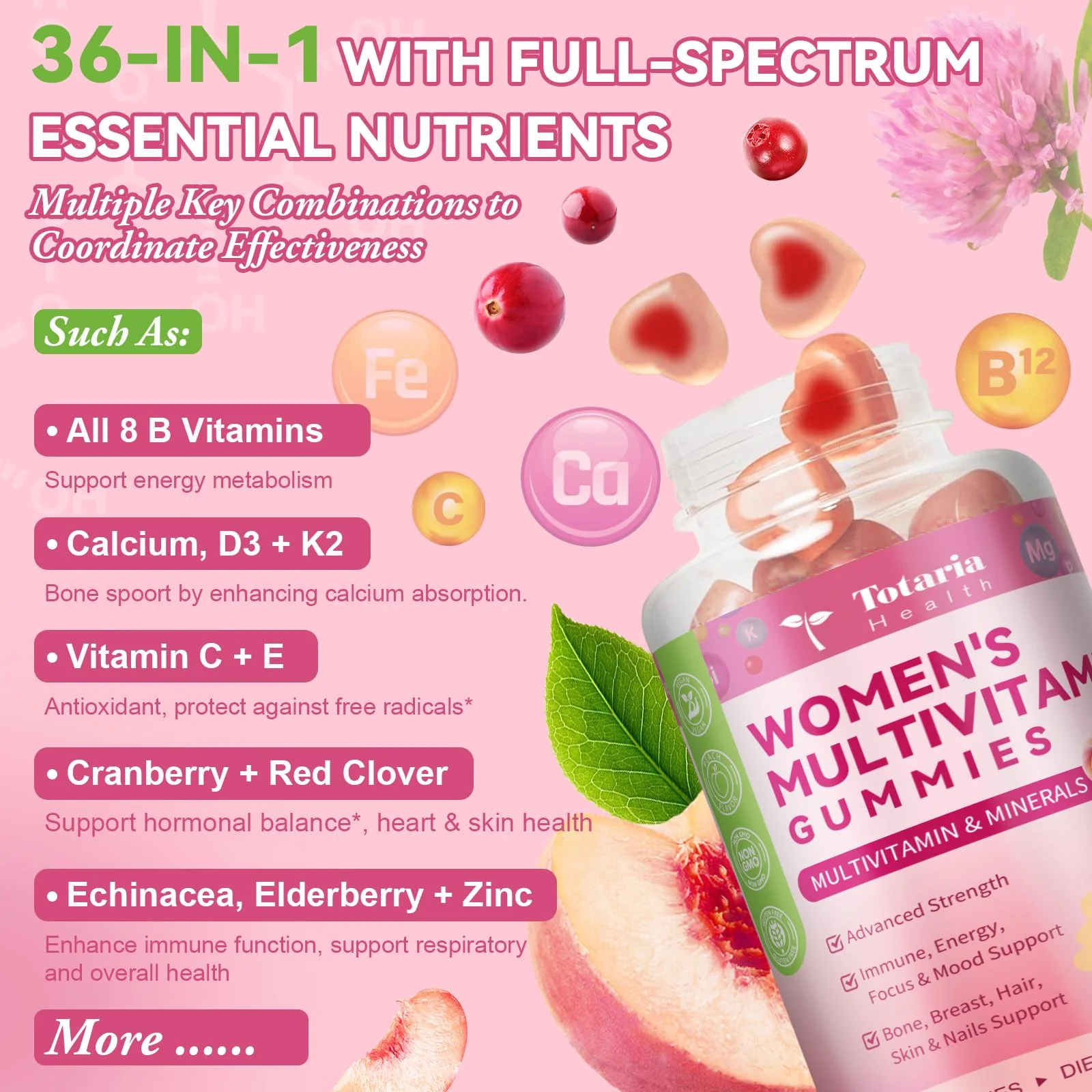 Totaria Sugar Free Multivitamin Gummies for Women 14+ w/Iron, Inositol, Folate, Biotin, Womens Daily Multivitamin Gummy w/Vitamin A, C, B, D3, K2, for Hair, Skin, Energy, Immune, Peach Flavor - Image 5