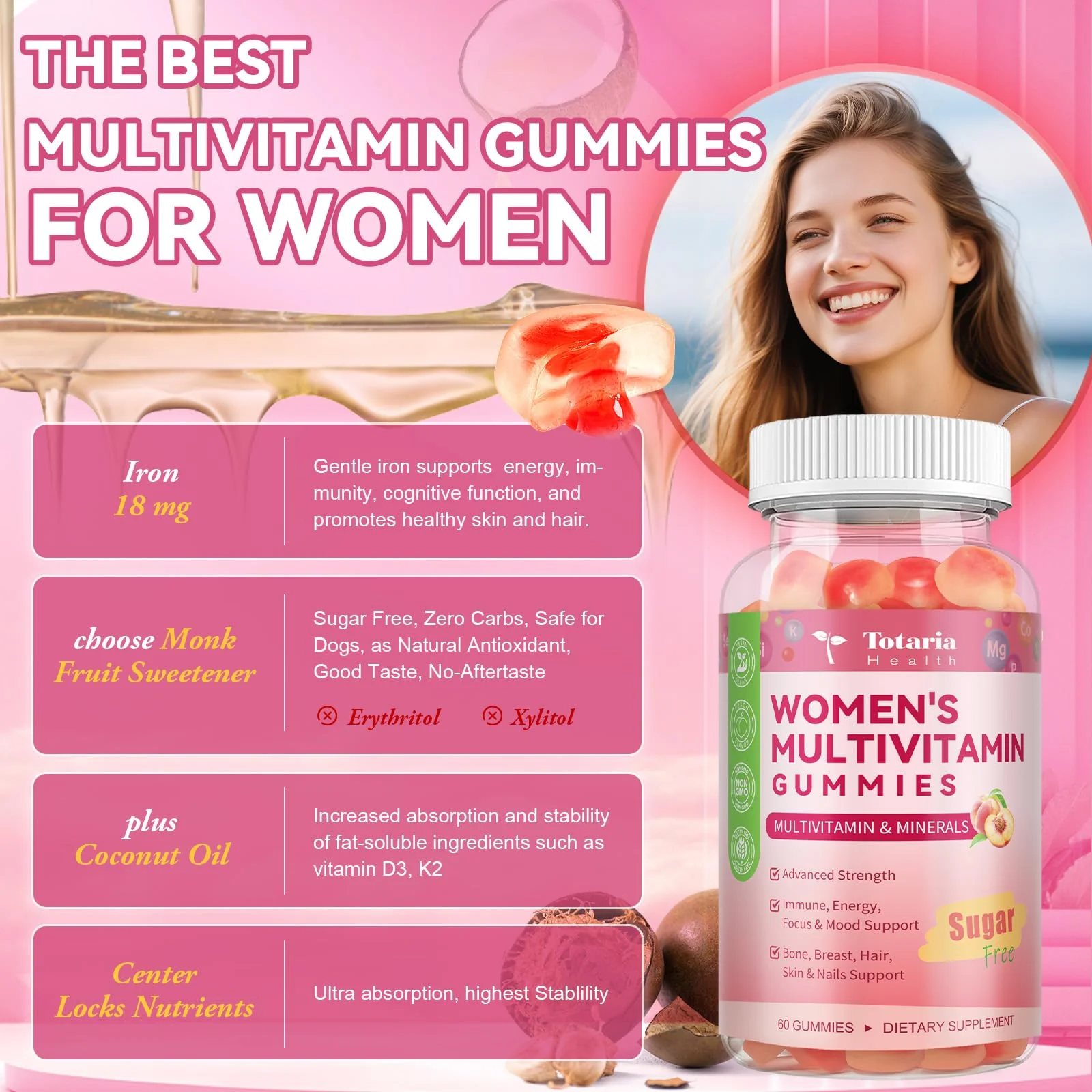 Totaria Sugar Free Multivitamin Gummies for Women 14+ w/Iron, Inositol, Folate, Biotin, Womens Daily Multivitamin Gummy w/Vitamin A, C, B, D3, K2, for Hair, Skin, Energy, Immune, Peach Flavor - Image 7
