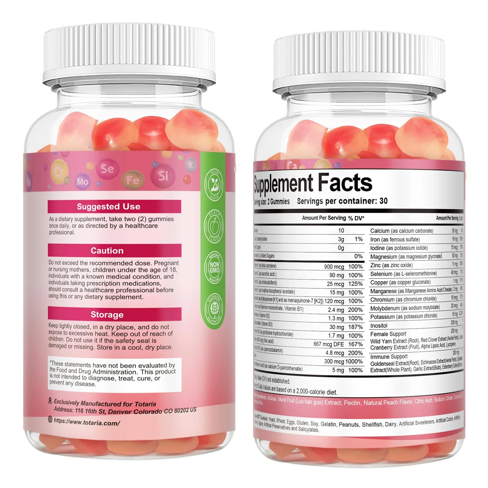 Totaria Sugar Free Multivitamin Gummies for Women 14+ w/Iron, Inositol, Folate, Biotin, Womens Daily Multivitamin Gummy w/Vitamin A, C, B, D3, K2, for Hair, Skin, Energy, Immune, Peach Flavor - Image 9