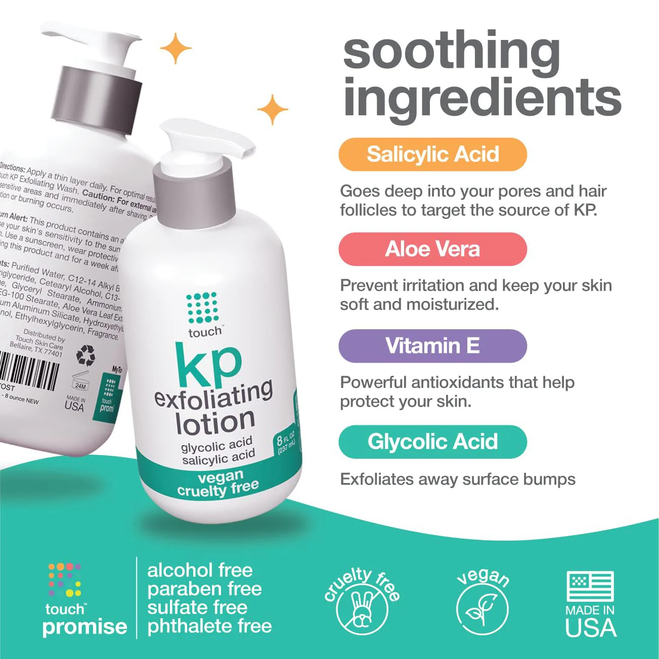 TOUCH Glycolic Acid Lotion for Keratosis Pilaris - KP Exfoliating Body Lotion Moisturizer - for AHA BHA Rough & Bumpy Skin- Gets Rid of Redness - 8 Fl Oz - Image 8