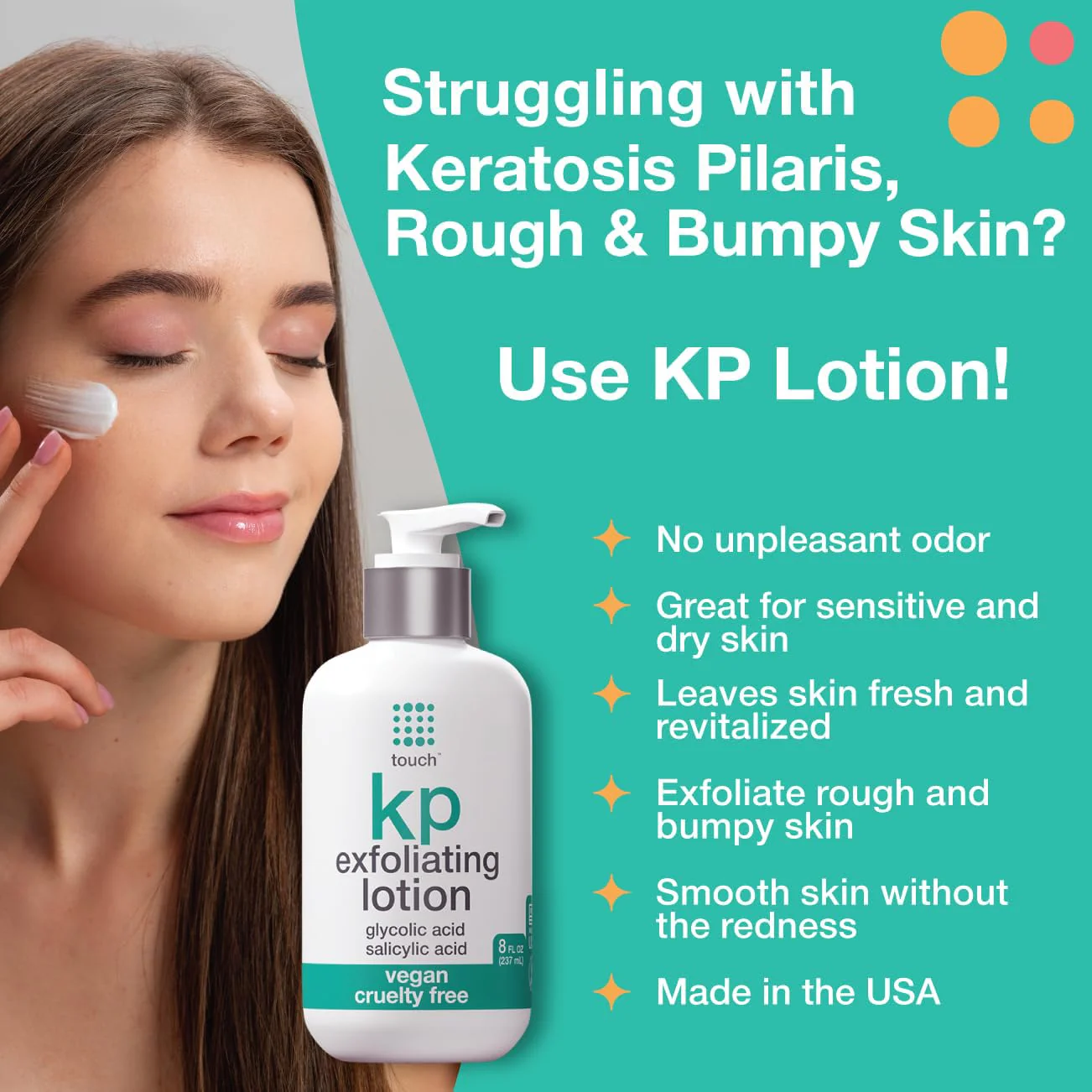 TOUCH Glycolic Acid Lotion for Keratosis Pilaris - KP Exfoliating Body Lotion Moisturizer - for AHA BHA Rough & Bumpy Skin- Gets Rid of Redness - 8 Fl Oz - Image 9
