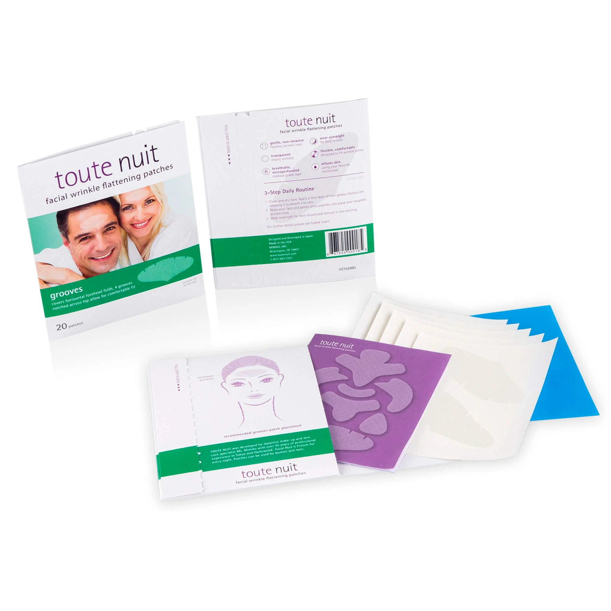 Toute Nuit Wrinkle Patches – Grooves – Face Tape for Maximum Forehead Coverage – Hypoallergenic Anti Wrinkle Patches – 20 Count, Made in USA - Image 4