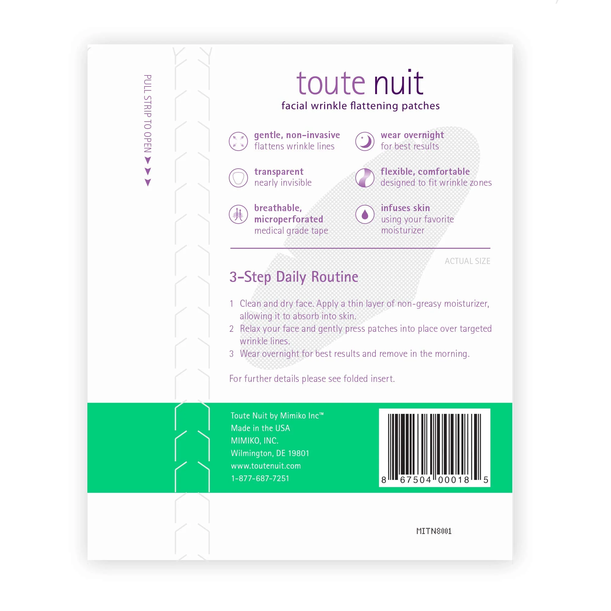Toute Nuit Wrinkle Patches – Grooves – Face Tape for Maximum Forehead Coverage – Hypoallergenic Anti Wrinkle Patches – 20 Count, Made in USA - Image 8