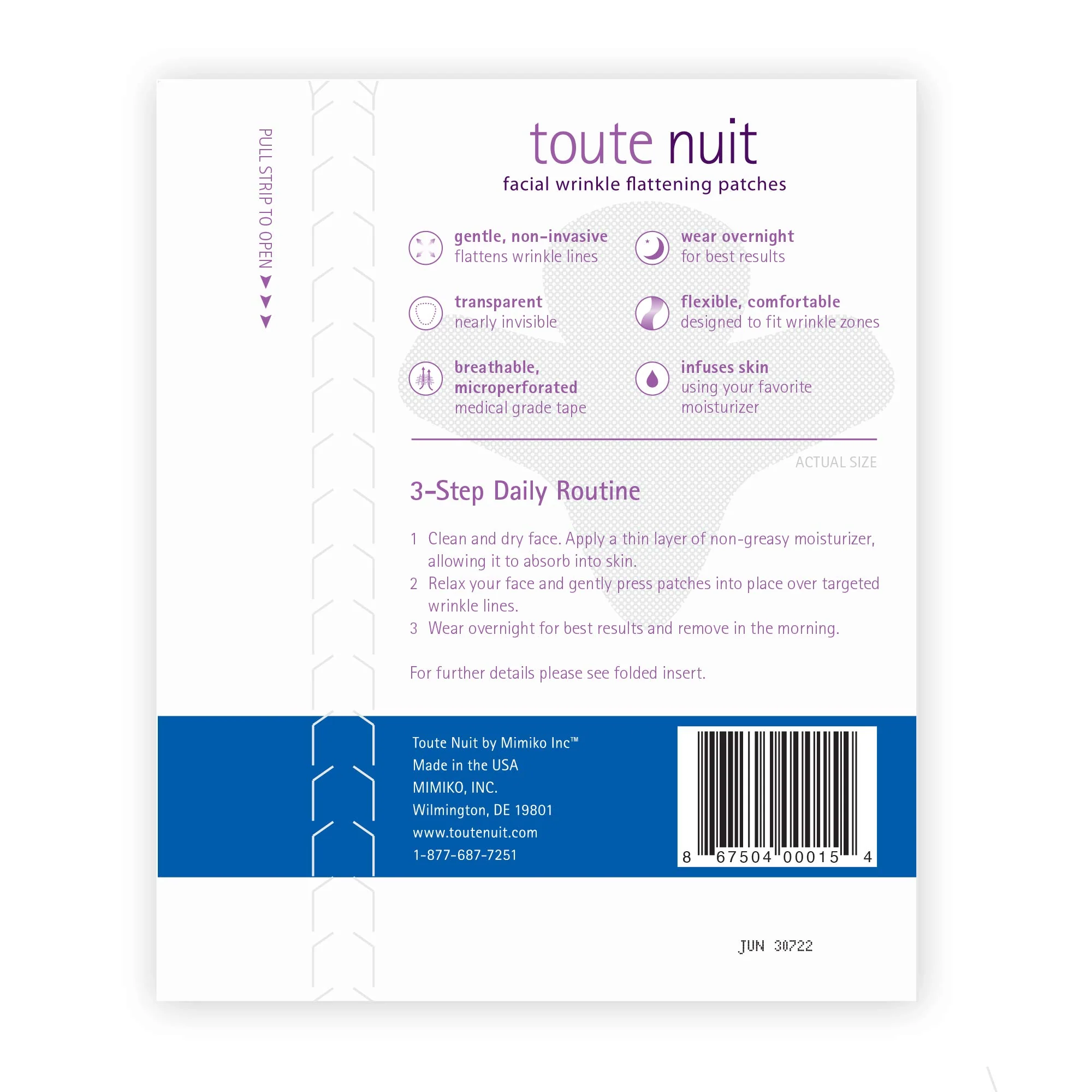 Toute Nuit Wrinkle Patches – Jet – Face Tape for Forehead and Large Frown Lines – Hypoallergenic Anti Wrinkle Patches – 20 Count, Made in USA - Image 8