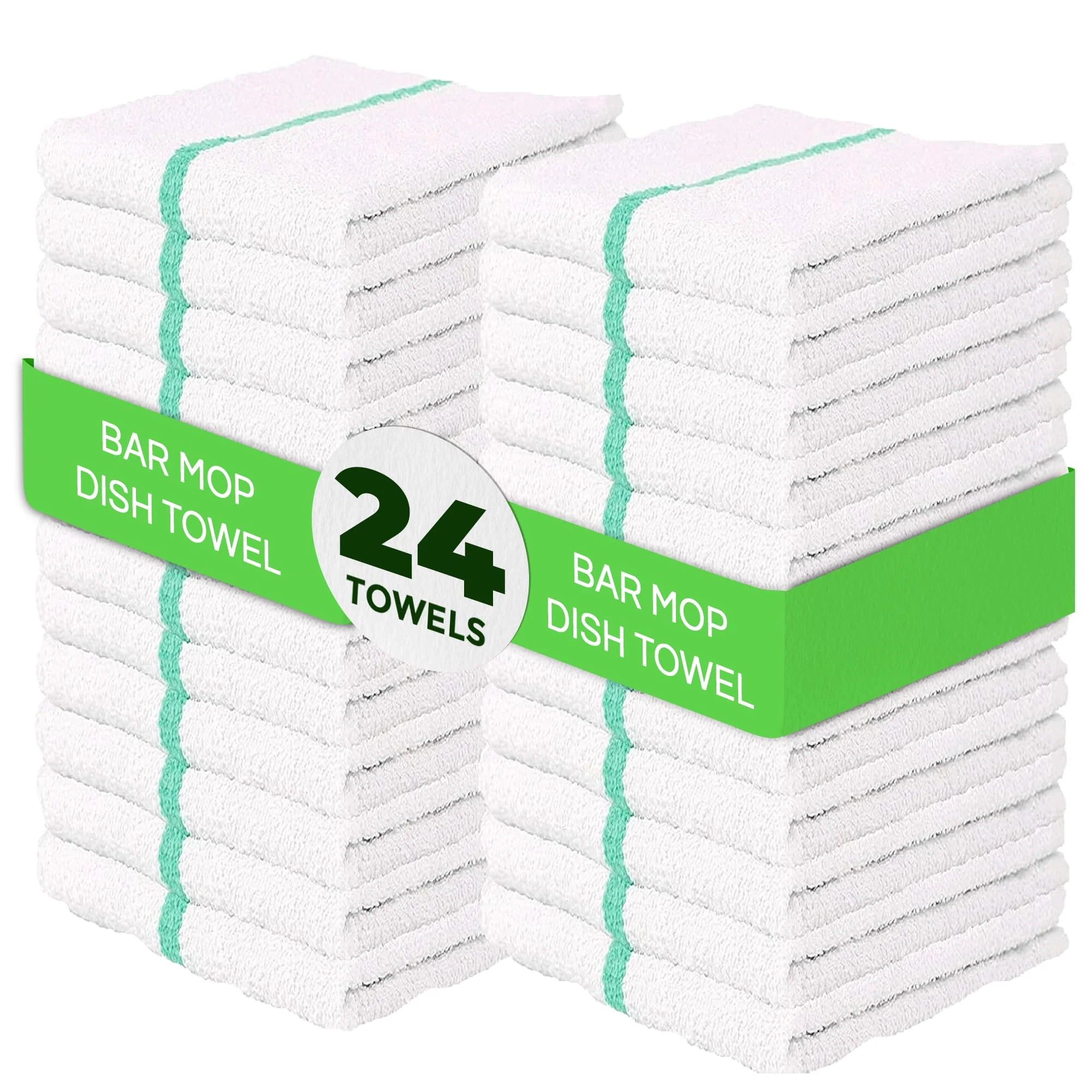 Towels N More 24 Pack 16x19 Bar Mop Towels High Absorbent Cotton Reusable Kitchen Towels - Quick Drying Towels for Chef, Cook, Home, Restaurant, Bar Glass Cleaning Towels (24, Green Stripe)