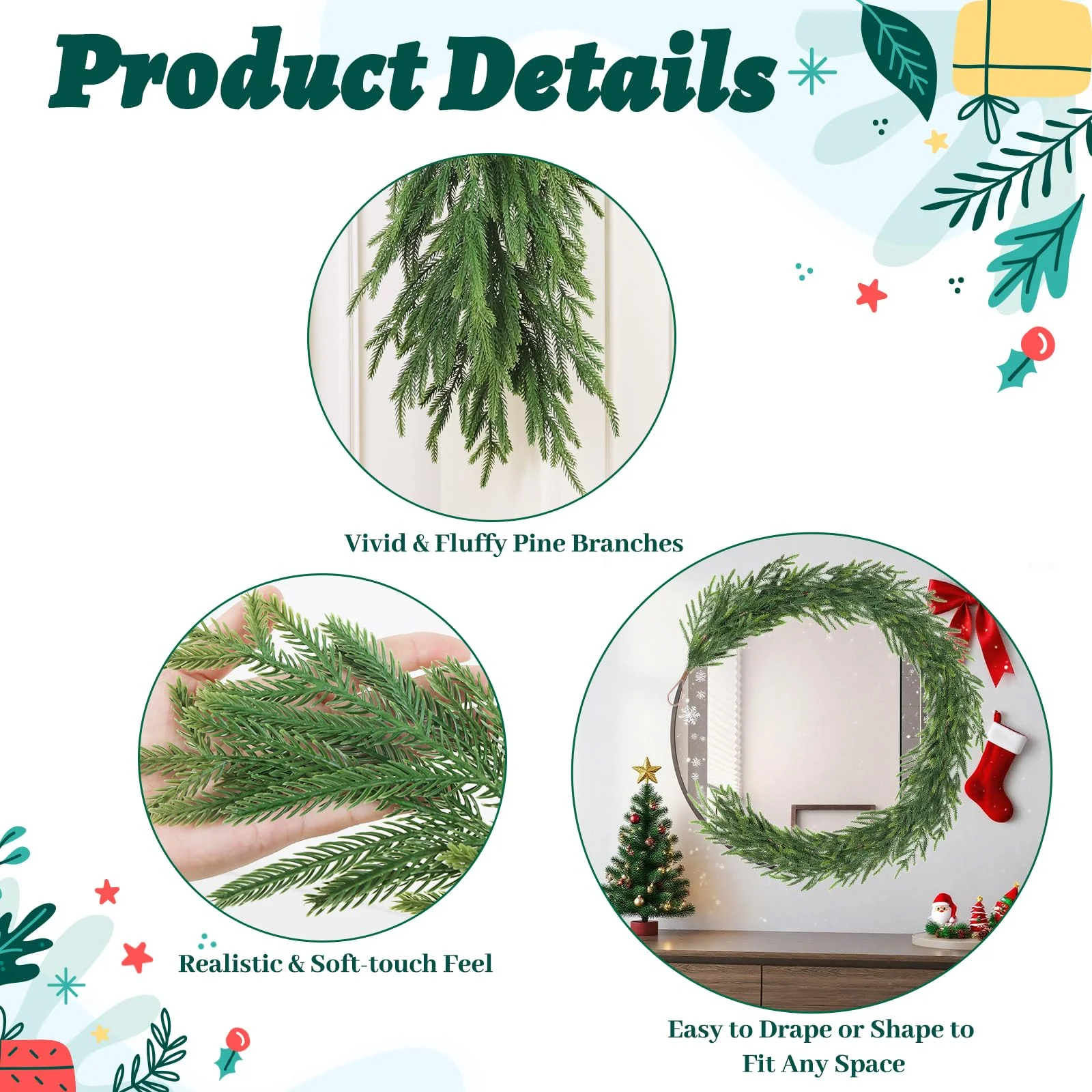 TOWPONICS 12FT(2 * 6FT) Christmas Norfolk Pine Garland, Real Touch Faux Green Garlands, Winter Artificial Greenery Garland for Mantle, Stairs, Table, Fireplace, Indoor & Outdoor Xmas Decorations - Image 7