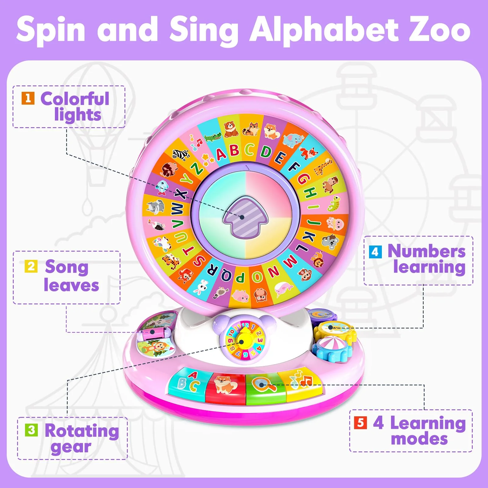 Toys for 1 2 3 Years Old Boys Girls, Musical Spin & Sing Alphabet Zoo with Lights & Sounds, Learning Educational Toys for Toddler 1-3, Christmas Birthday Gifts for Baby Kids Age 6-9-12-18 Months - Image 8
