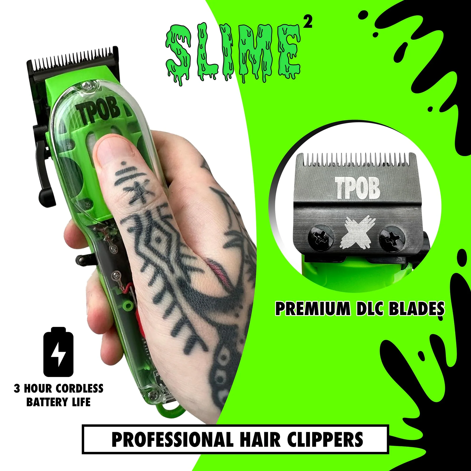 TPOB Slime 2 Barber Hair Clippers for Men 6800 RPM with Matte Green Case and X Fade Blade - Image 3