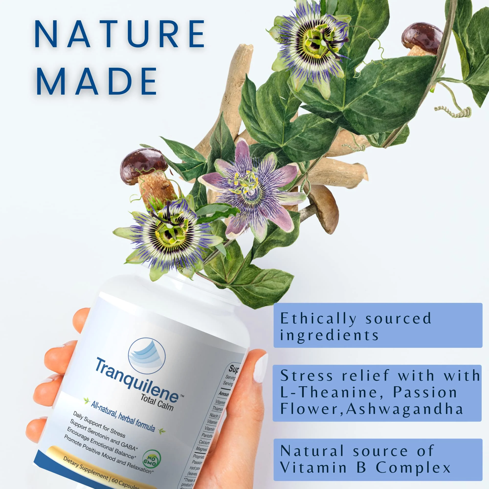 Tranquility Labs Tranquilene Total Calm - Stress Relief - All Natural Herbal Supplement - 60 Capsules - Extra Strength with Ashwagandha, Bacopa, B-Complex & More - Image 4