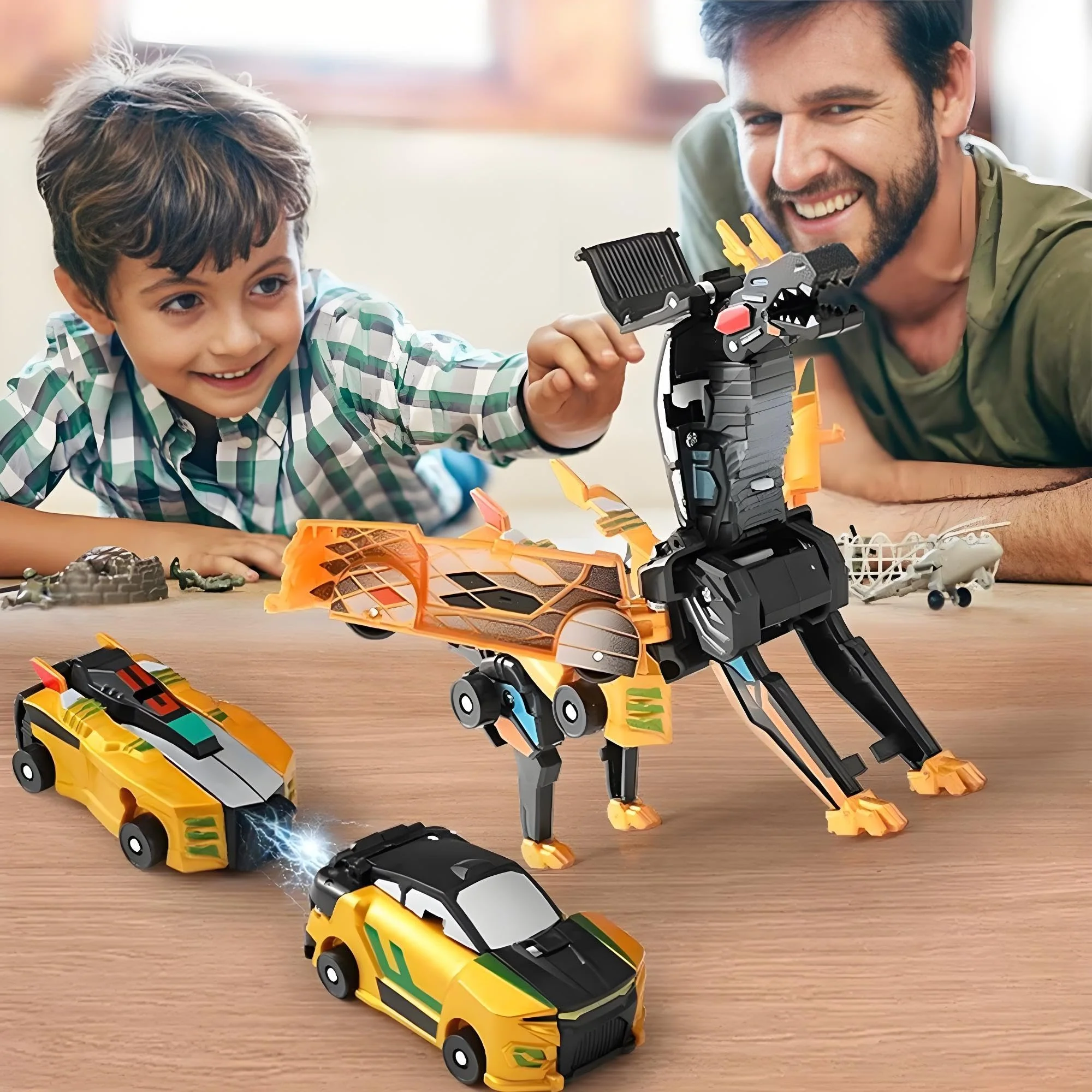 Transforming Dinosaur Toys, 2 in 1 Magnetic Cars Collision Transform into Dino Toys, for Boys Girls Toy Age 2-12, Christmas Birthday Gift (Gold Blue) - Image 2