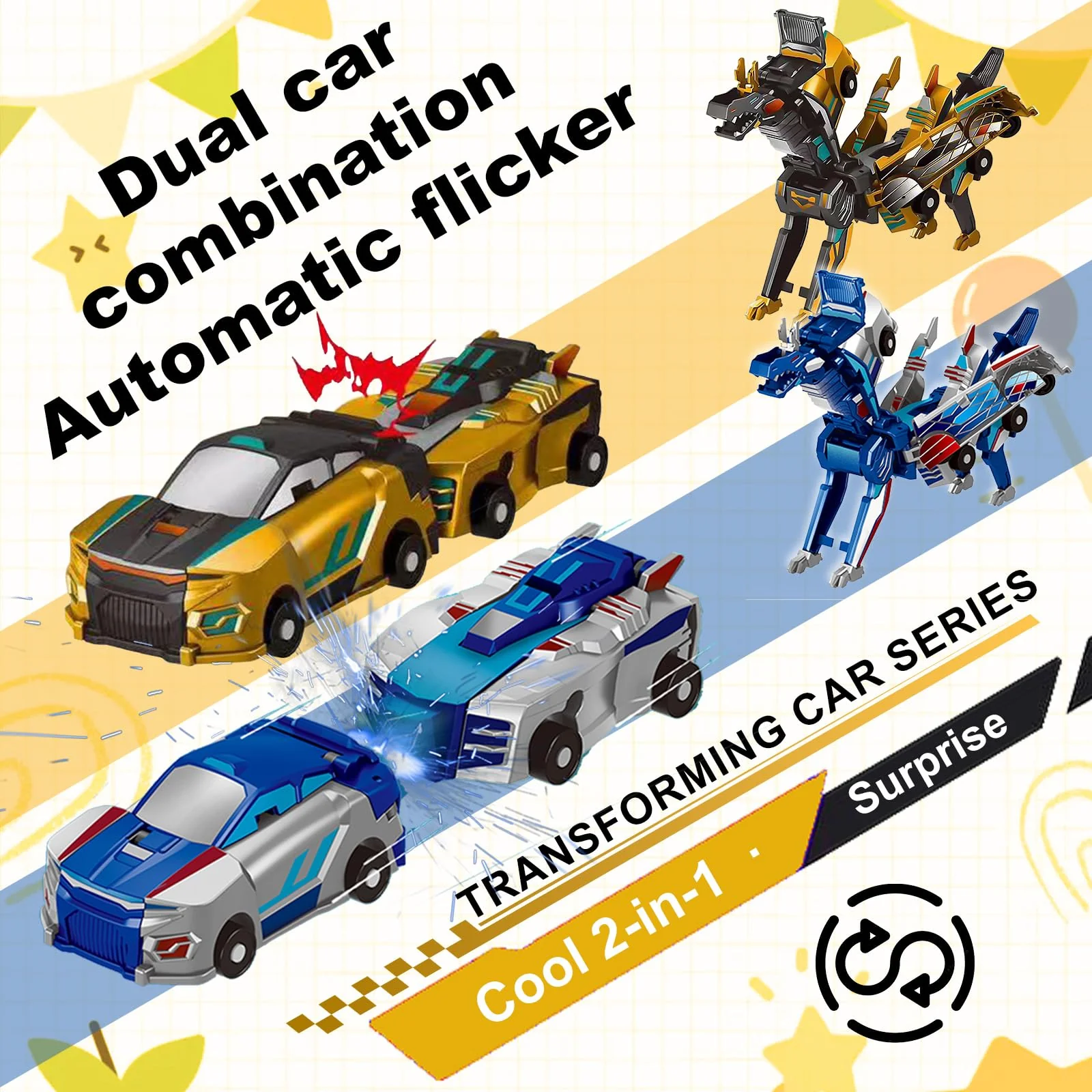Transforming Dinosaur Toys, 2 in 1 Magnetic Cars Collision Transform into Dino Toys, for Boys Girls Toy Age 2-12, Christmas Birthday Gift (Gold Blue) - Image 5
