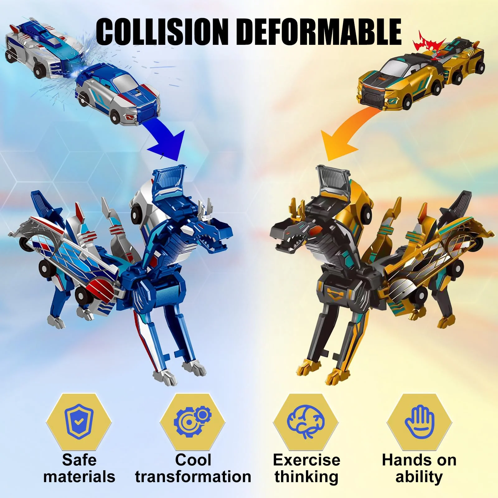Transforming Dinosaur Toys, 2 in 1 Magnetic Cars Collision Transform into Dino Toys, for Boys Girls Toy Age 2-12, Christmas Birthday Gift (Gold Blue) - Image 7