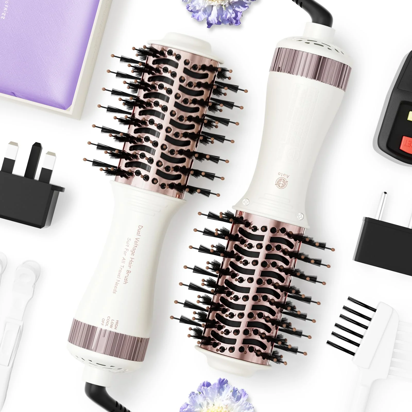 Travel Dual Voltage Hair Dryer Brush 4-IN-1 Portable Mini Hot Air Blow Dryer Straightener & Curler Brush, Titanium Round Blowout Styler Volumizer Tools, 110/240V US/EU/UK Plug for International Travel