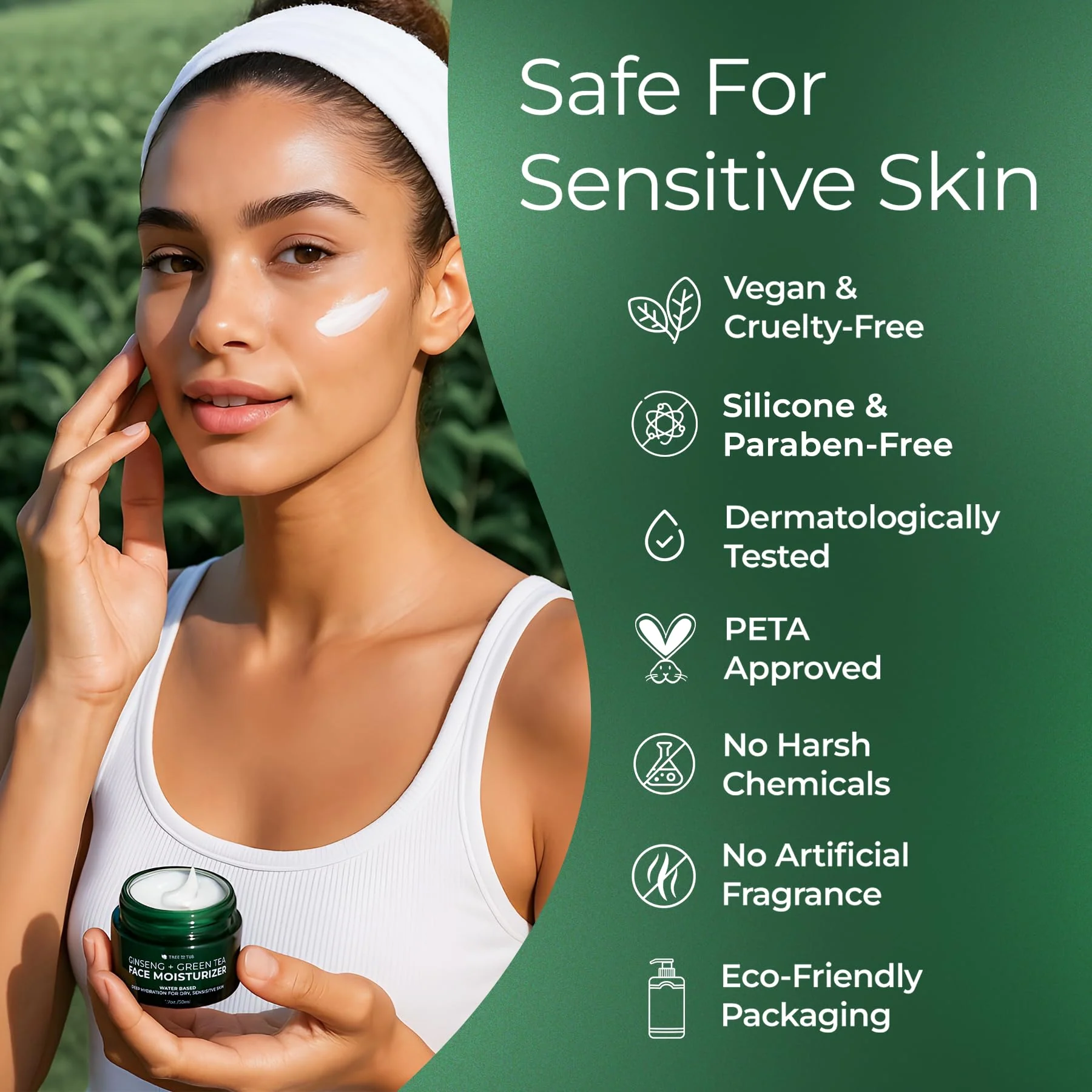 Tree To Tub Hydrating Face Moisturizer for Dry & Sensitive Skin - Water Based Hyaluronic Acid Facial Moisturizer, Moisturizing Face Cream for Women & Men w/Organic Aloe, Green Tea, Natural Ginseng - Image 3