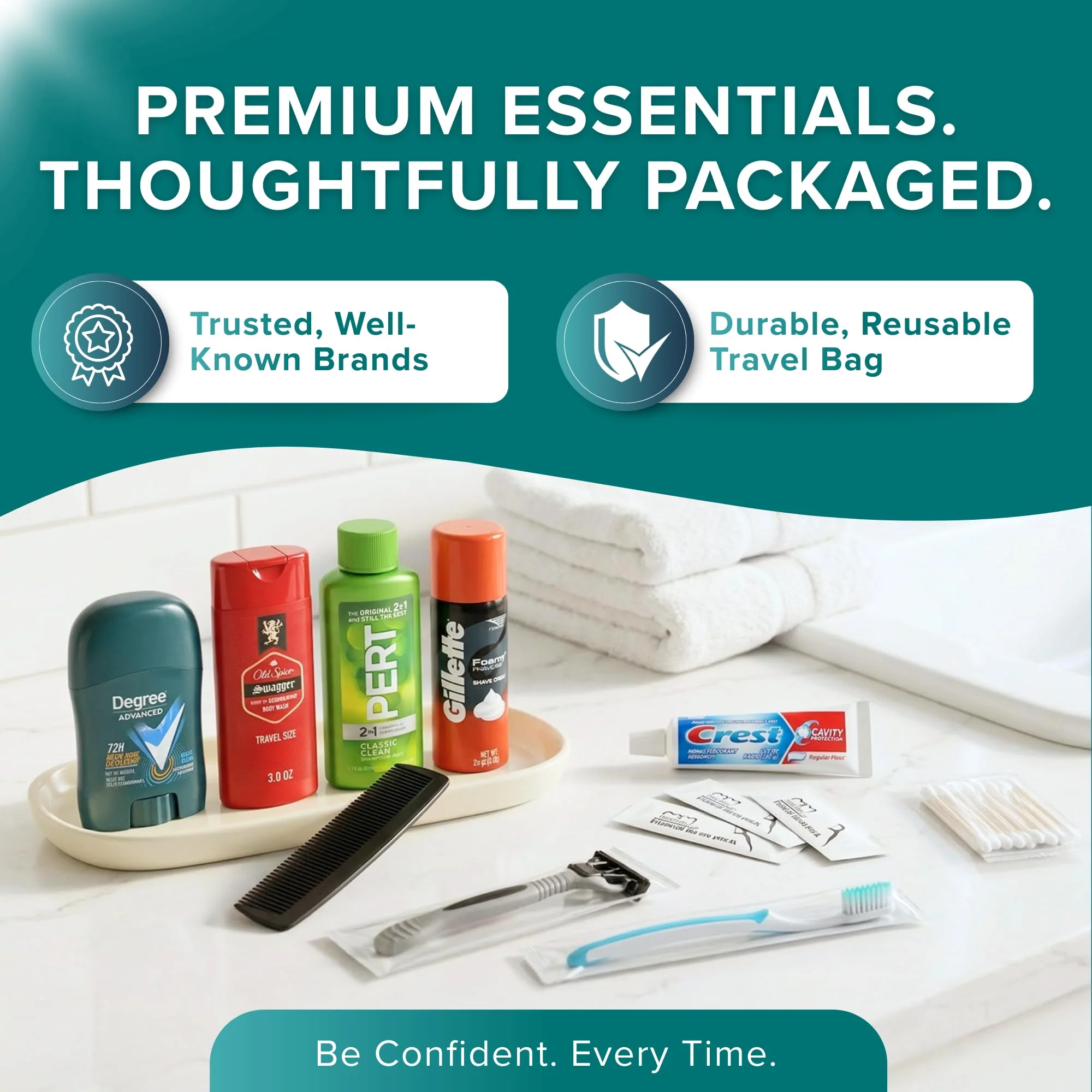 TrekTote Bulk 5 Case Pack of Mens 15 Piece Set Hygiene Kits, Bulk Travel Size Toiletries Kits, Deodorant, Shampoo, Body Wash, Shaving Cream, Razor, Toothbrush, Toothpaste, Comb, Flossers, Swabs - Image 3