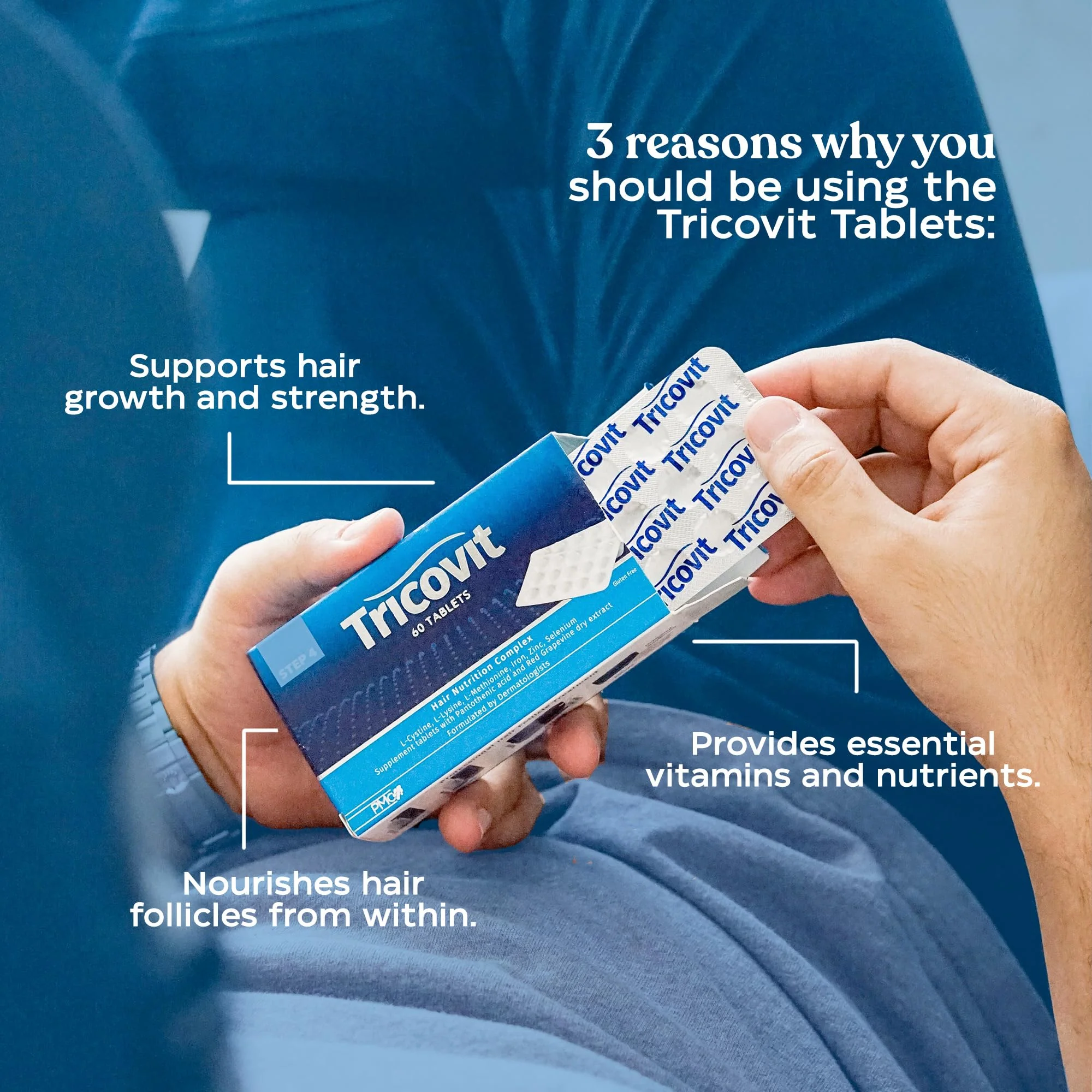 Tricovit Hair Growth Supplement - Nail & Hair Health Vitamins with Amino Acids, Minerals & Antioxidants - Dermatologist-Formulated & Gluten-Free Vitamins and Supplements for Women & Men (60 tablets) - Image 3