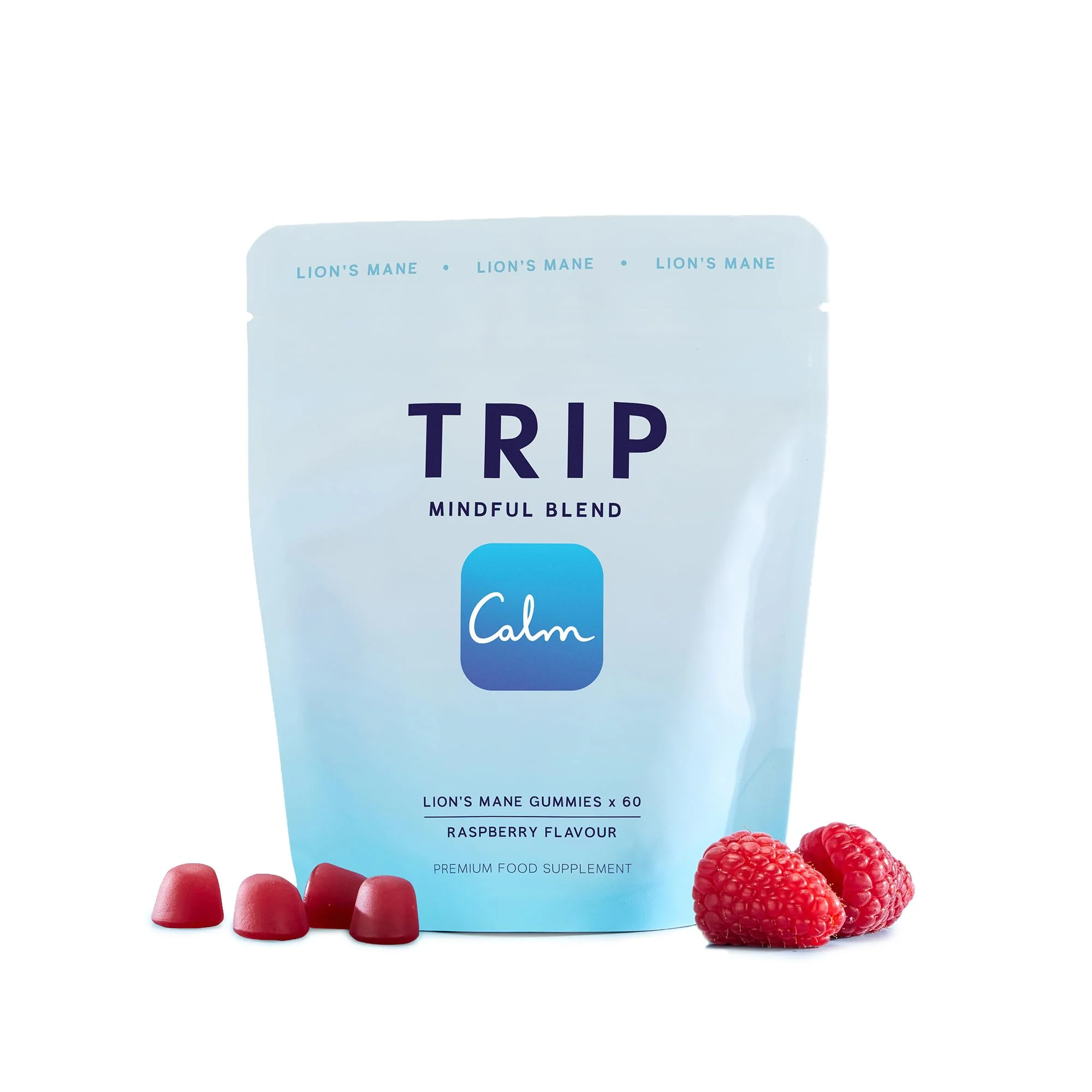 TRIP Lion’s Mane Gummies with 2000mg Lion’s Mane Mushrooms Extract Per Serving, Vegan, Naturally Flavored On the Go Chewable Gummy, Delicious Raspberry Flavor, 1 Bag, 60 Count
