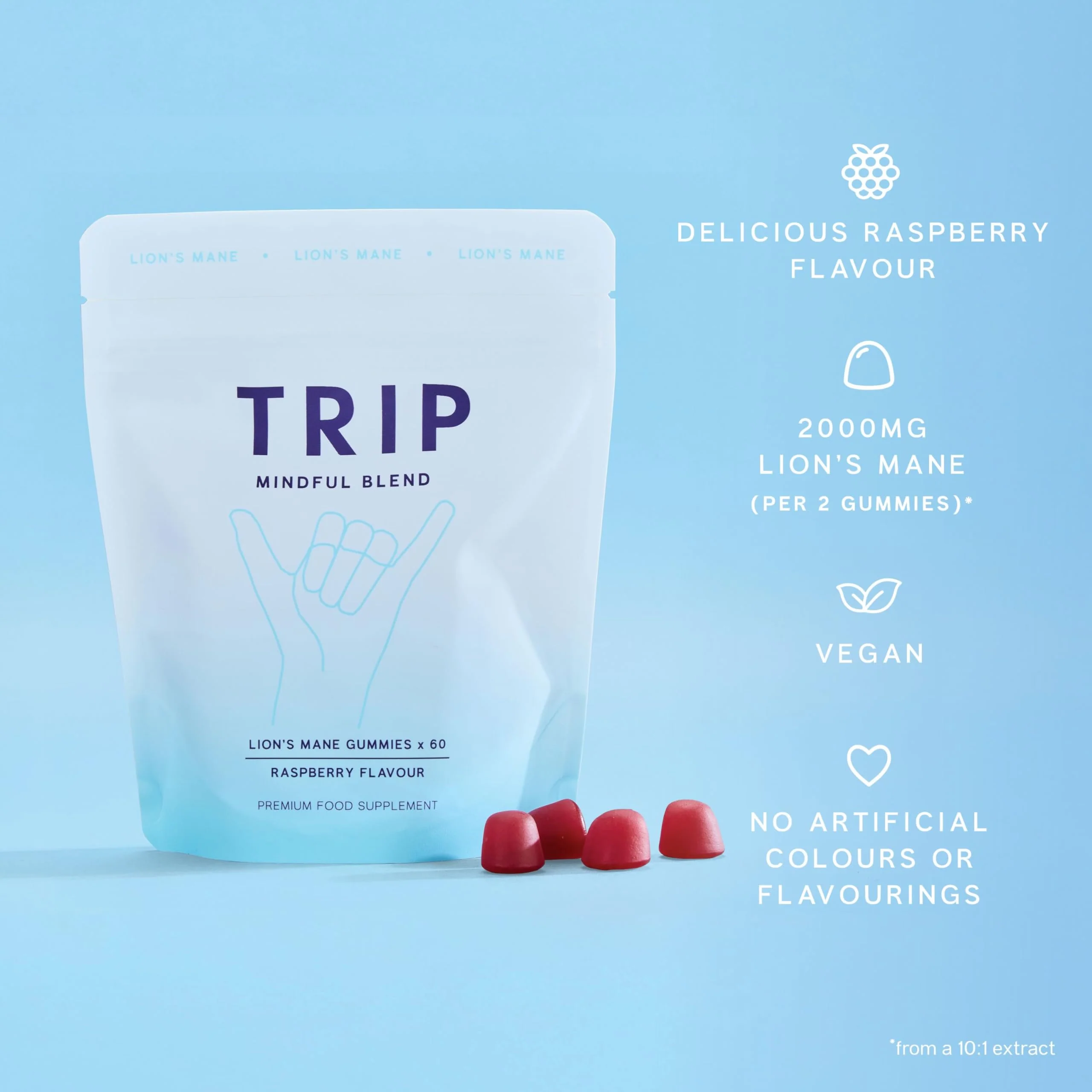 TRIP Lion’s Mane Gummies with 2000mg Lion’s Mane Mushrooms Extract Per Serving, Vegan, Naturally Flavored On the Go Chewable Gummy, Delicious Raspberry Flavor, 1 Bag, 60 Count - Image 3