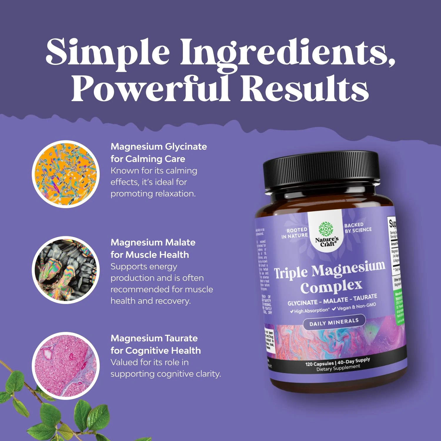 Triple Magnesium Complex Supplement - High Absorption Magnesium Glycinate, Malate & Taurate Blend for Muscles, Energy Support & Heart Health - Triple Mg Complex 400 mg Capsules - 120 Count - Image 5
