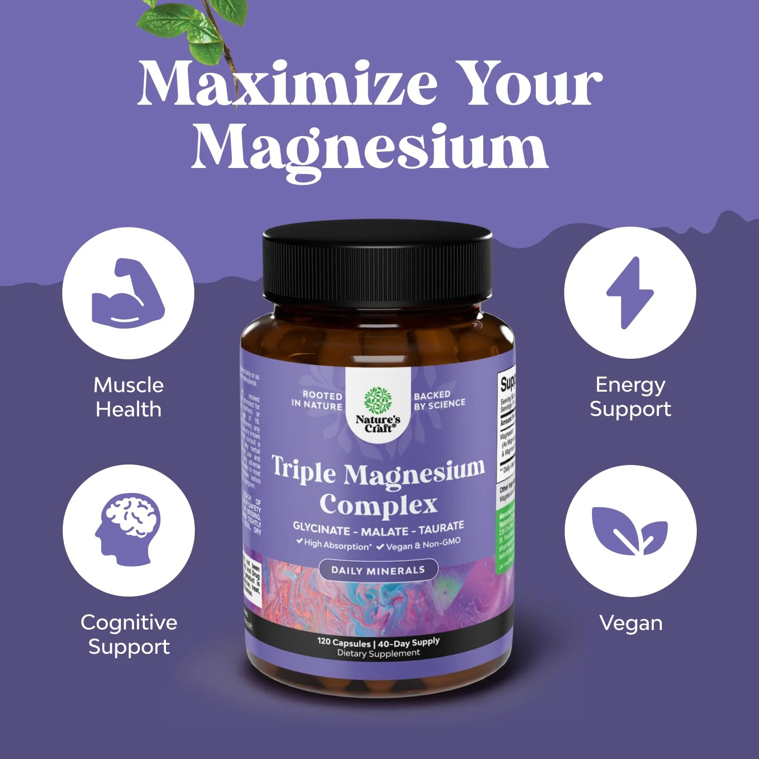 Triple Magnesium Complex Supplement - High Absorption Magnesium Glycinate, Malate & Taurate Blend for Muscles, Energy Support & Heart Health - Triple Mg Complex 400 mg Capsules - 120 Count - Image 6