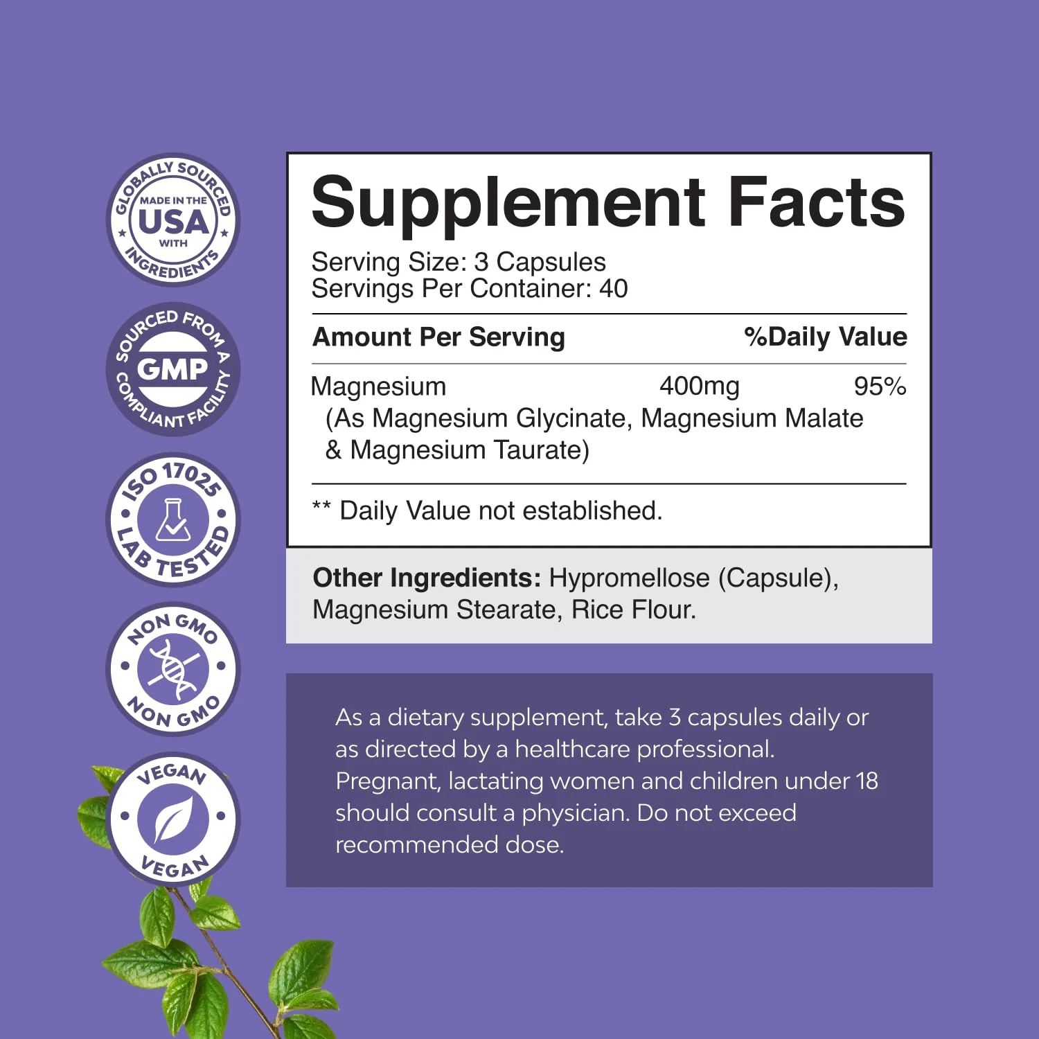 Triple Magnesium Complex Supplement - High Absorption Magnesium Glycinate, Malate & Taurate Blend for Muscles, Energy Support & Heart Health - Triple Mg Complex 400 mg Capsules - 120 Count - Image 7