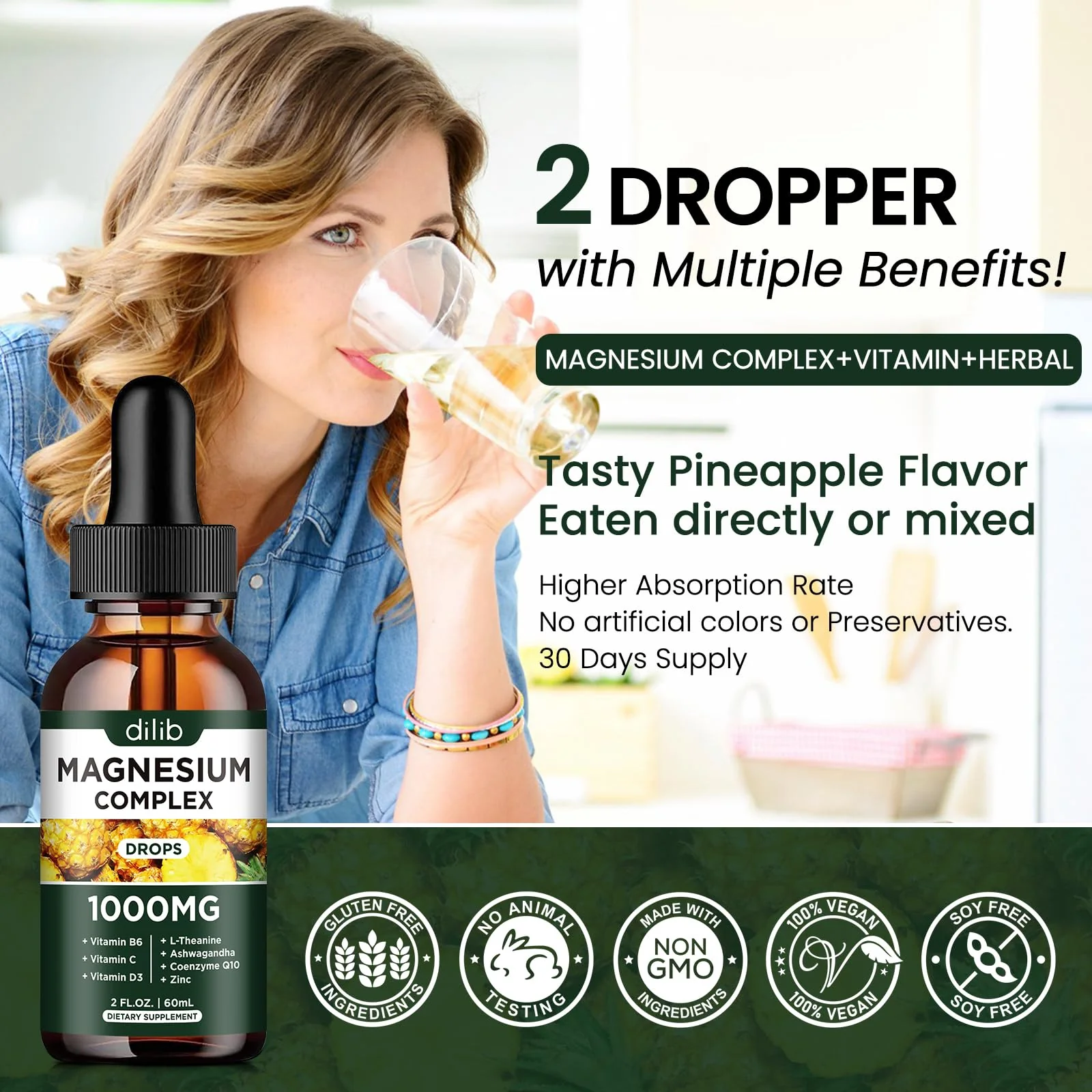Triple Magnesium Complex Supplement, Magnesium Glycinate, Blend, Citrate Liquid Drops 1000mg with Ashwagandha, CoQ10, Vitamin B6, C, D, Zinc - Vegan Pineapple Flavor - Image 5