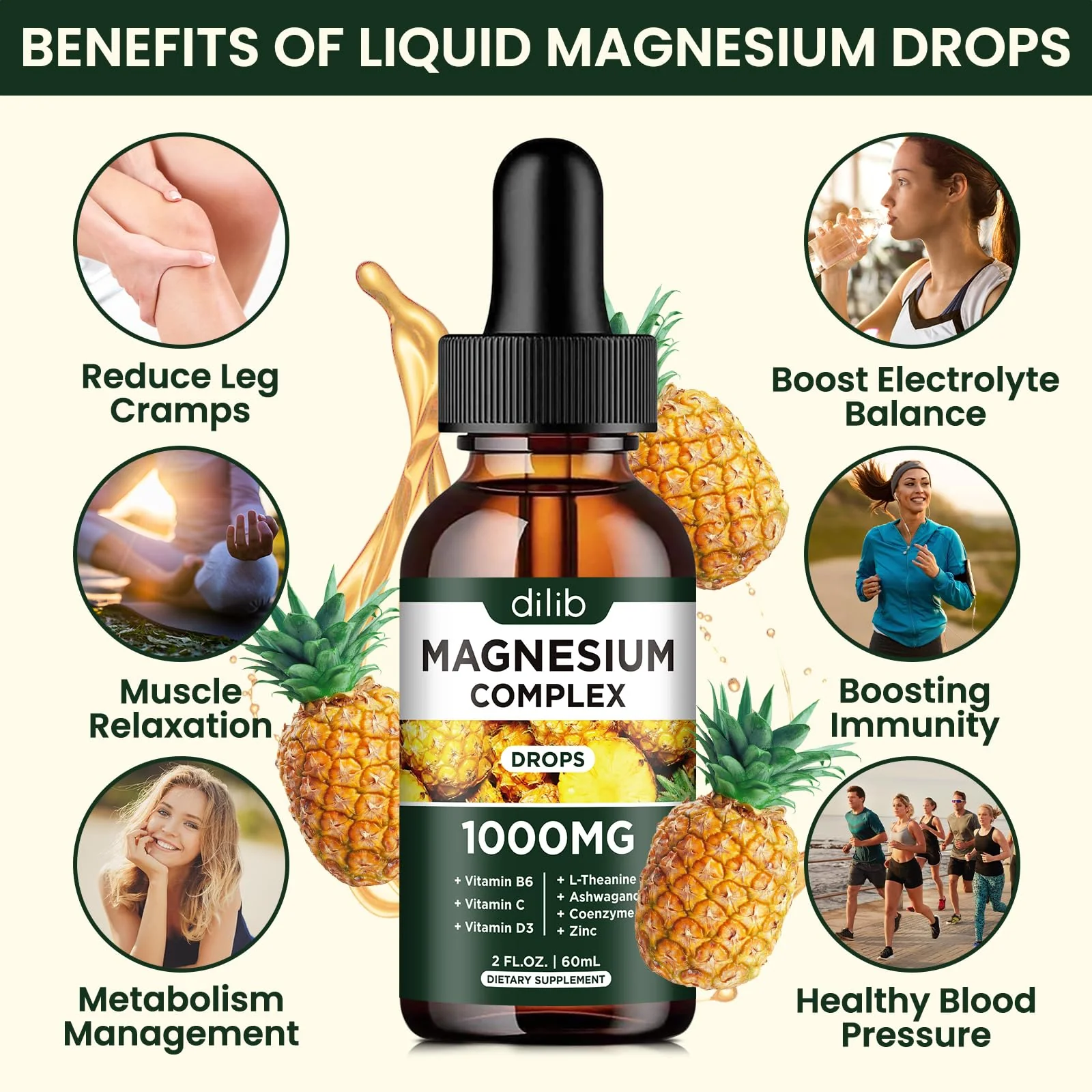 Triple Magnesium Complex Supplement, Magnesium Glycinate, Blend, Citrate Liquid Drops 1000mg with Ashwagandha, CoQ10, Vitamin B6, C, D, Zinc - Vegan Pineapple Flavor - Image 6