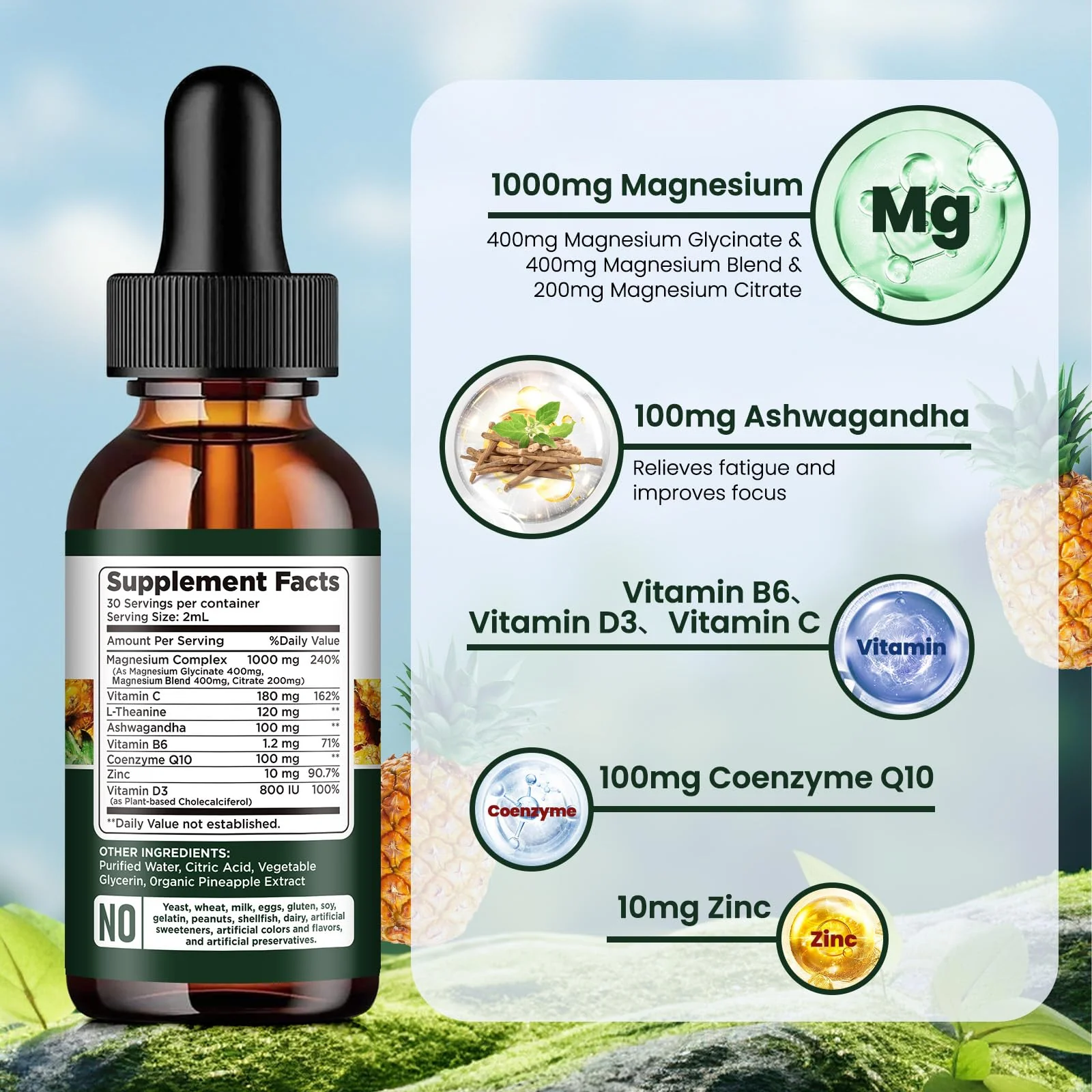 Triple Magnesium Complex Supplement, Magnesium Glycinate, Blend, Citrate Liquid Drops 1000mg with Ashwagandha, CoQ10, Vitamin B6, C, D, Zinc - Vegan Pineapple Flavor - Image 7
