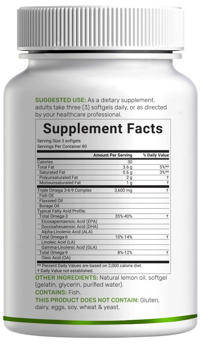 Triple Omega 3-6-9 Fish Oil Supplements 3,600mg – 240 Softgels with Flaxseed Oil & Borage Oils Complex – High EPA + DHA – Burpless Pills, Lemon Flavored, Wild Caught – Heart, Joint, & Brain Support - Image 3
