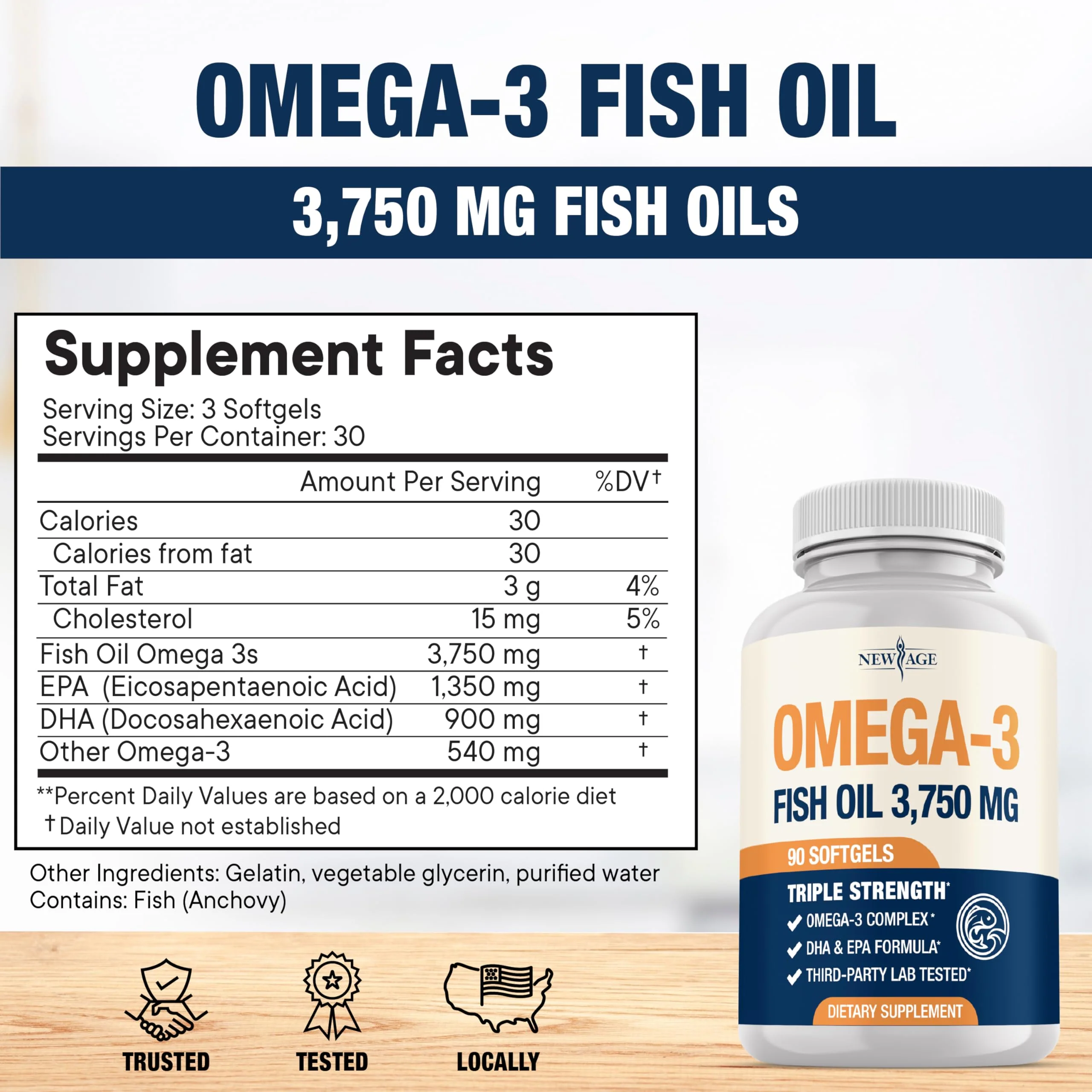 Triple Strength Omega 3 Fish Oil 3750 mg - EPA & DHA - Over 3000mg Omega-3 Fatty Acids - 1350mg EPA + 900mg DHA - Best Essential Fatty Acids, Burpless Fish Oil - 90 Count - Image 6