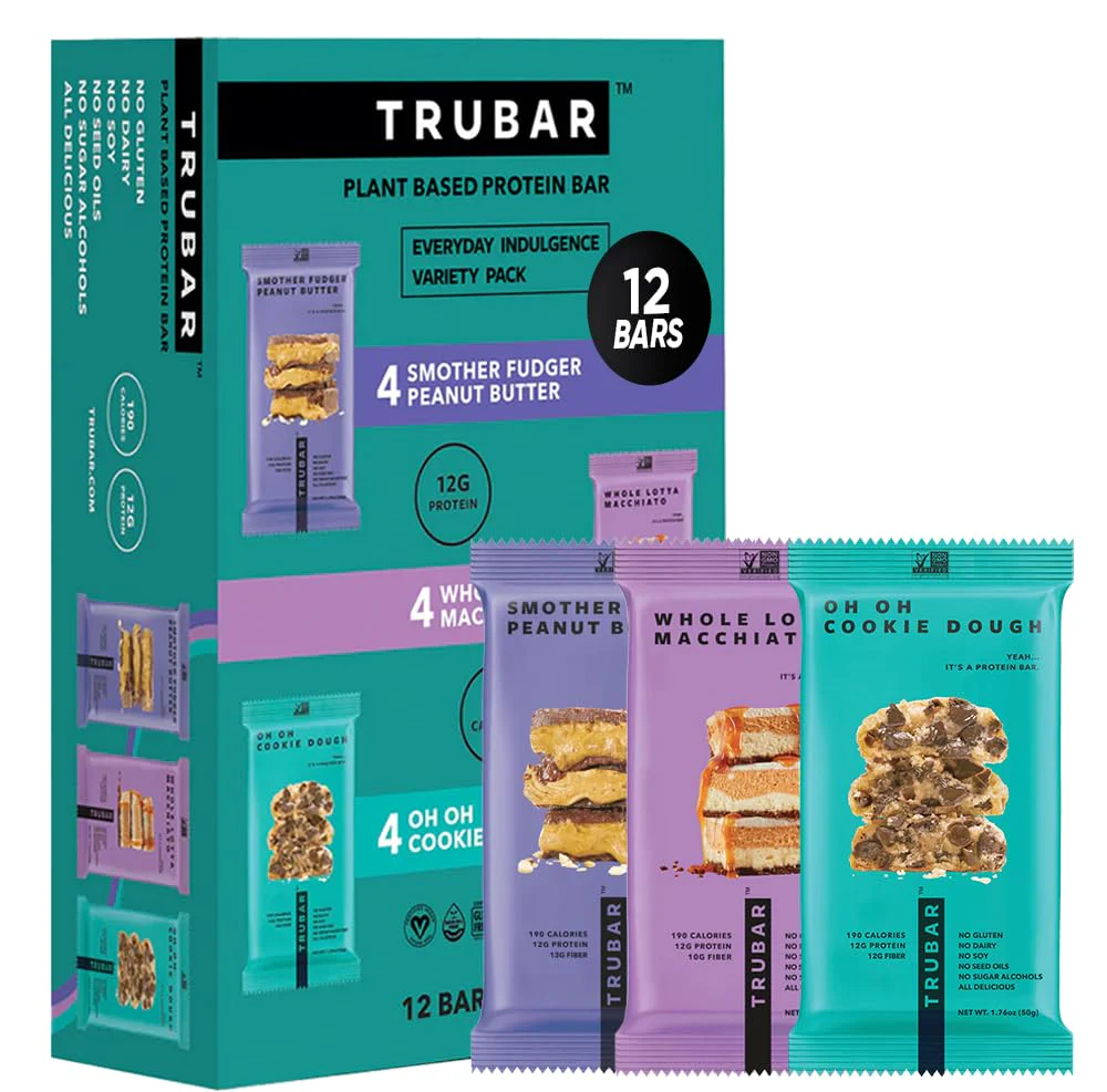 TRUBAR Vegan Protein Bar Variety Pack, Assorted Flavors, Peanut Butter, Macchiato, Cookie Dough, Gluten Free, Vegan Protein Snacks, 12G Plant-Based Protein, High Fiber, Healthy Protein Bars, 12 CT
