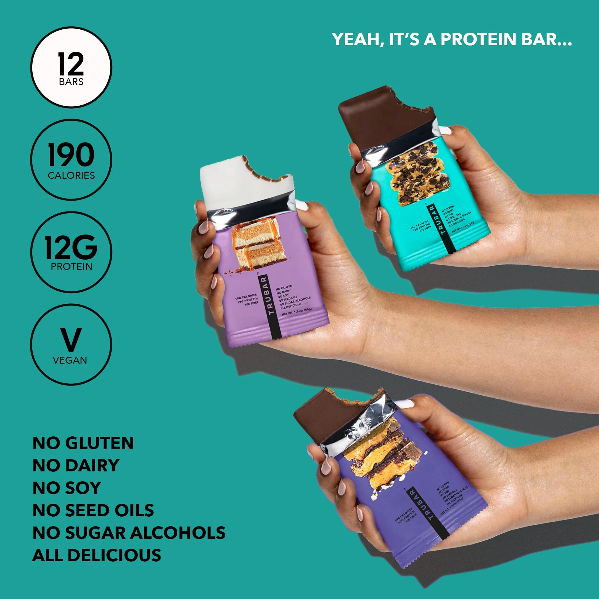TRUBAR Vegan Protein Bar Variety Pack, Assorted Flavors, Peanut Butter, Macchiato, Cookie Dough, Gluten Free, Vegan Protein Snacks, 12G Plant-Based Protein, High Fiber, Healthy Protein Bars, 12 CT - Image 2