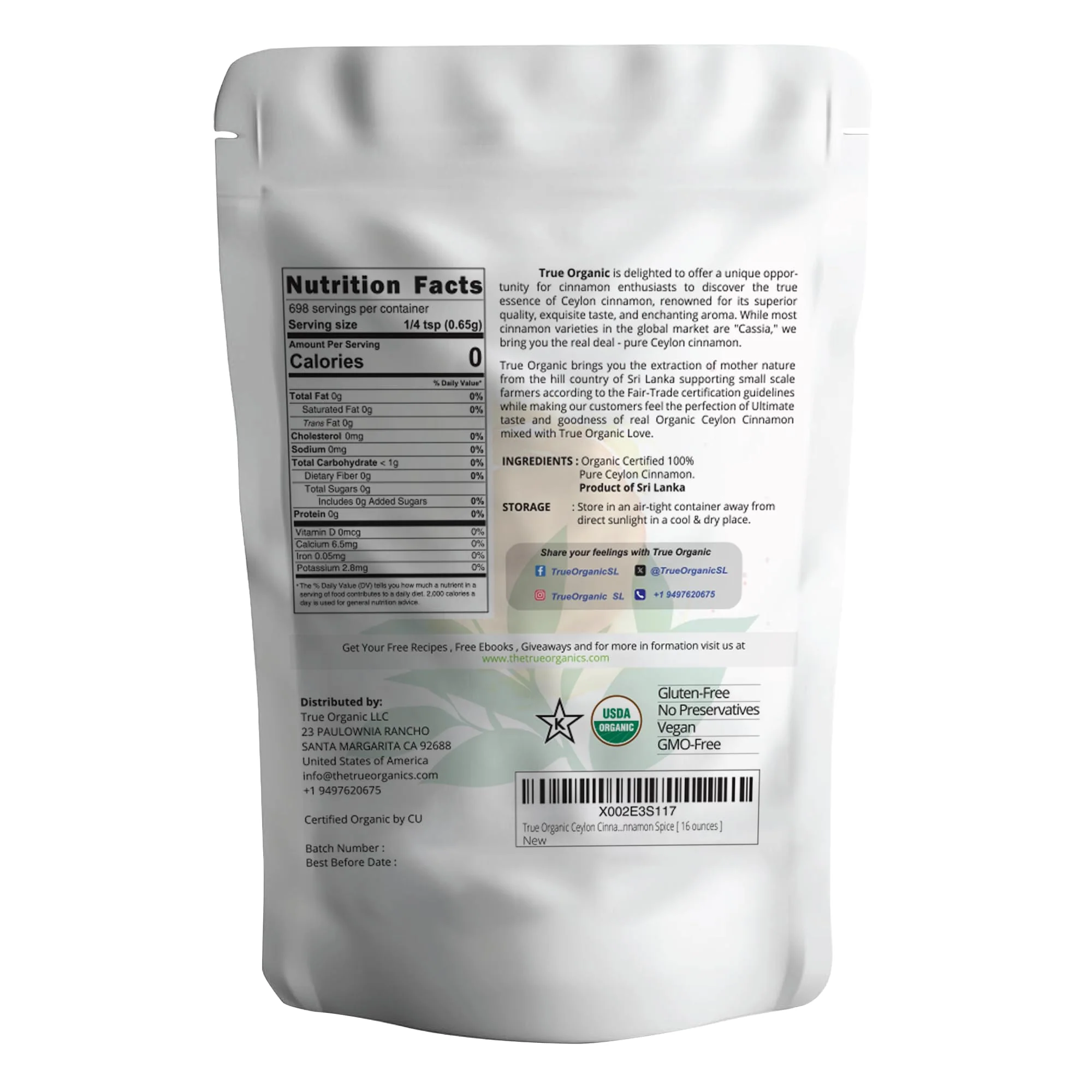 True Organic Pure Ceylon Cinnamon Powder, 1 lb, Premium Grade, Gluten Free, USDA & Kosher Certified, Organic Ground Cinnamon powder, Non-GMO, Ceylon Premium Quality - Image 3