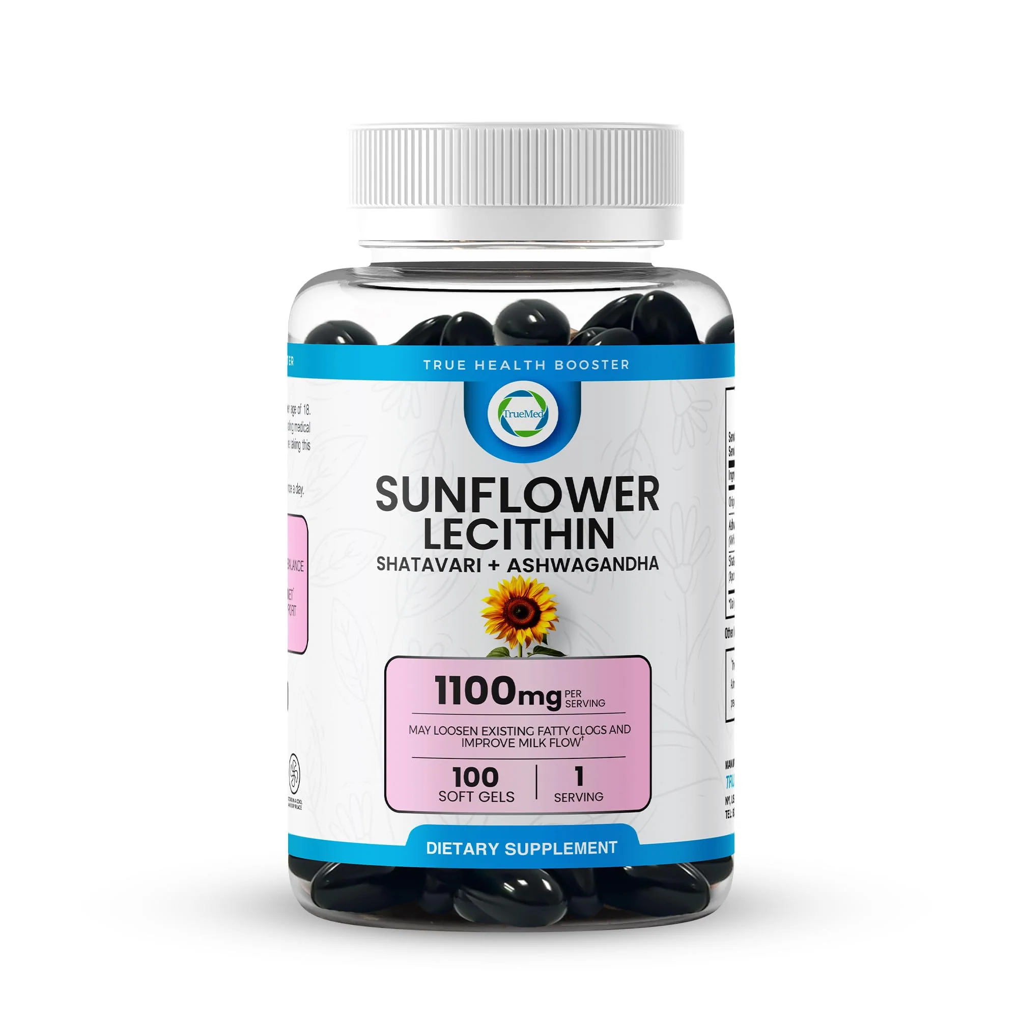 TRUEMED Sunflower Lecithin with Shatavari & Ashwagandha - 1100 mg per Serving - Supports Hormone Balance, Milk Flow, Brain Health, Digestive Wellness, 100 Softgels - Made in USA GMP Certified